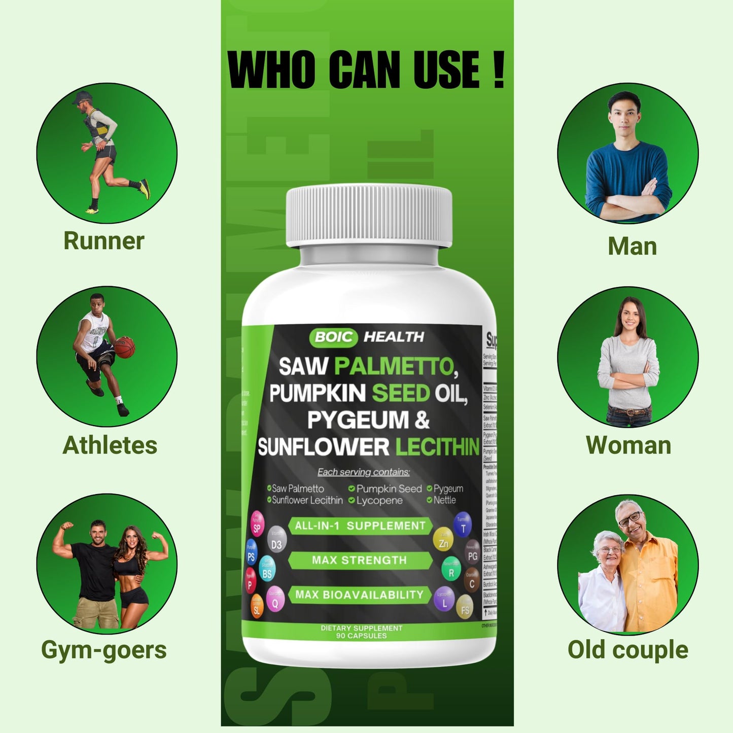 BOIC Saw Palmetto Prostate Support Extra Strength with Pumpkin Seed Oil, Pygeum, Sunflower Lecithin, Stinging Nettle & Cranberry – Zinc, Selenium & Lycopene, 90 Capsules