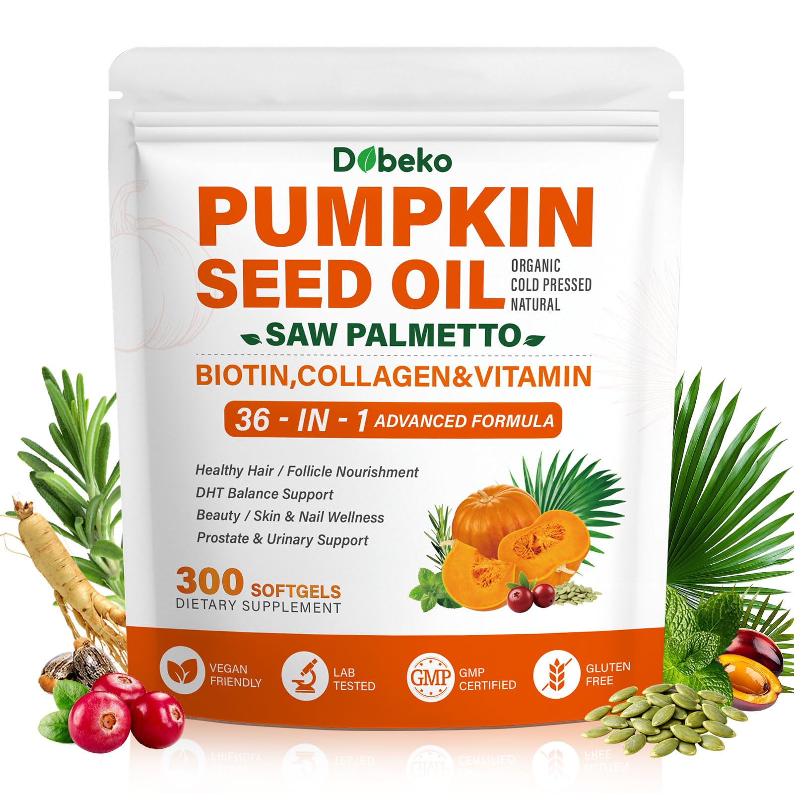 Dobeko Pumpkin Seed Oil Capsules with Organic Saw Palmetto for Women & Men, 36-in-1 Hair, Skin & Nails Supplement, 25,000 mcg Biotin, Collagen, Hair & DHT Support, 5400 mg Per Serving, MCT Oil, 300 CT