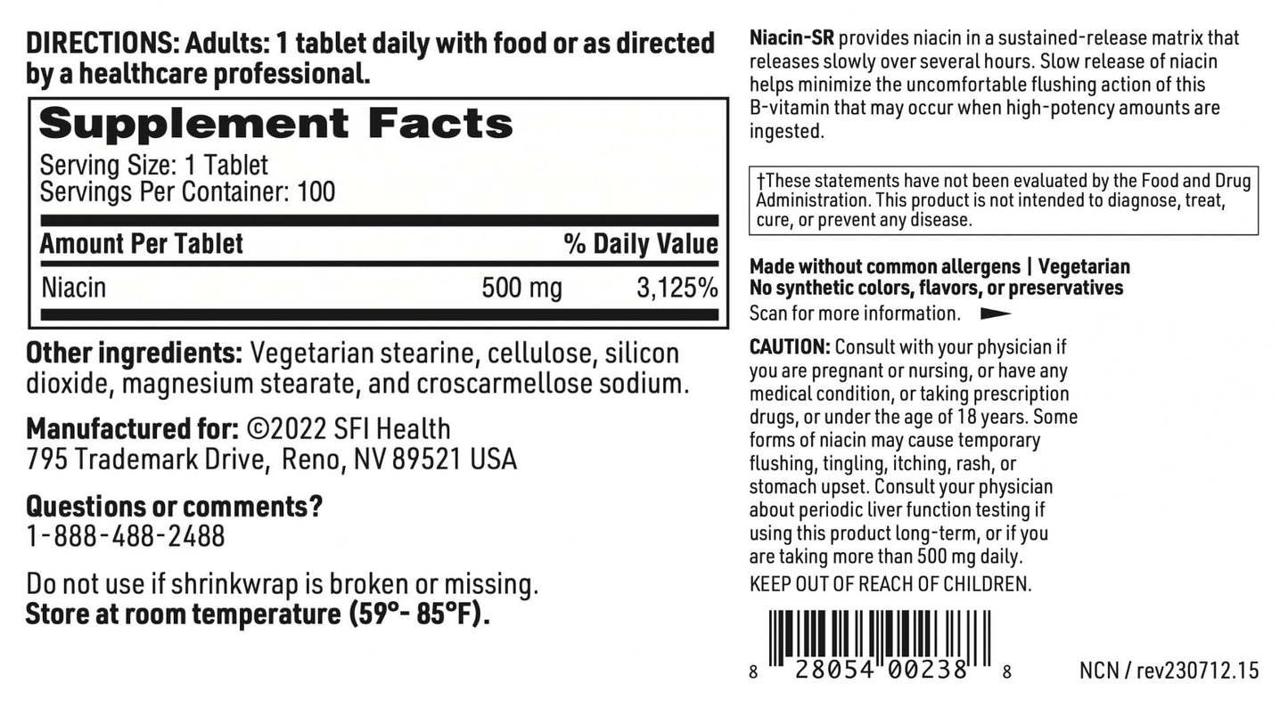 SFI Health Niacin-SR 500 mg Sustained-Release Vitamin B3, 100 Tablets
