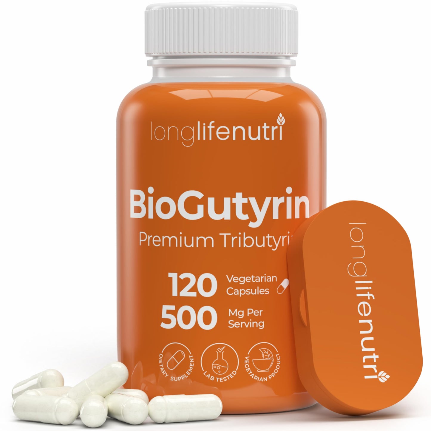 LongLifeNutri BioGutyrin Tributyrin 500mg, Postbiotic Supplement for Gut Function & Nutrient Absorption, Butyric Acid for Butyrate Production, Capsules, 120 Count
