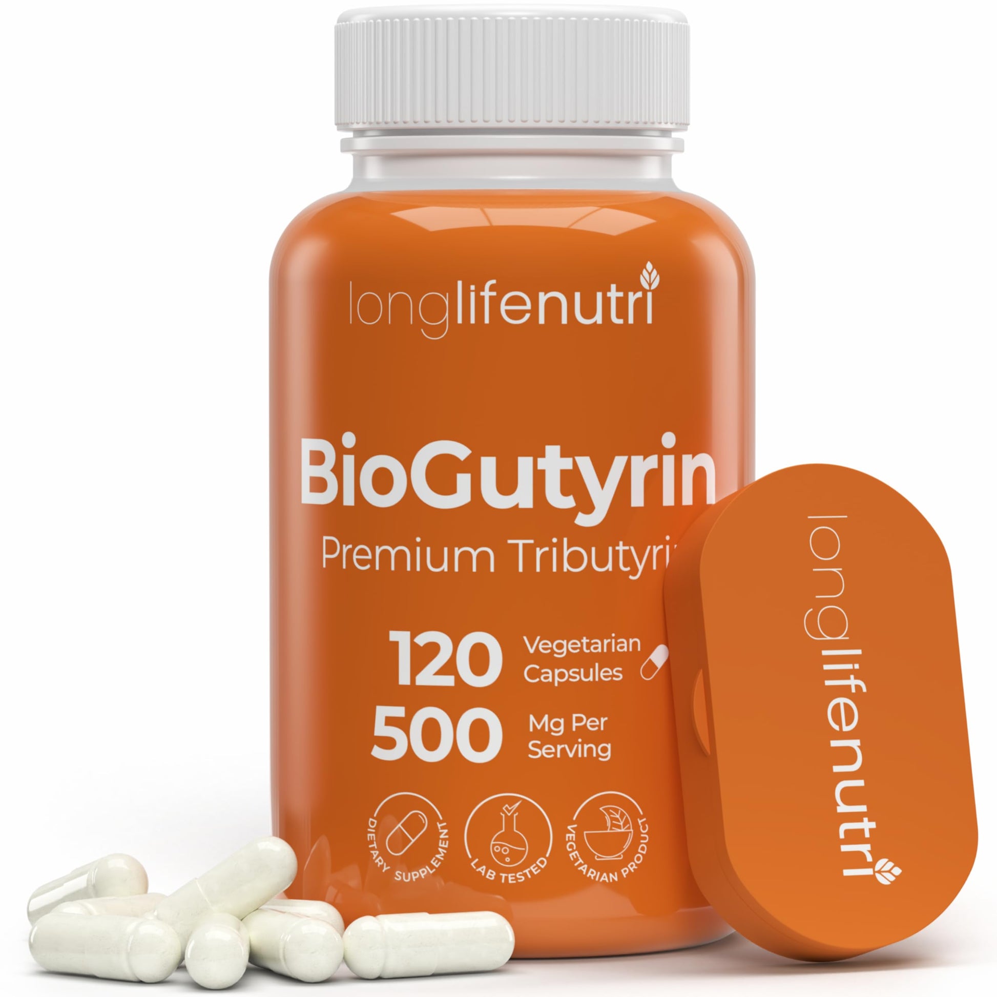 LongLifeNutri BioGutyrin Tributyrin 500mg, Postbiotic Supplement for Gut Function & Nutrient Absorption, Butyric Acid for Butyrate Production, Capsules, 120 Count