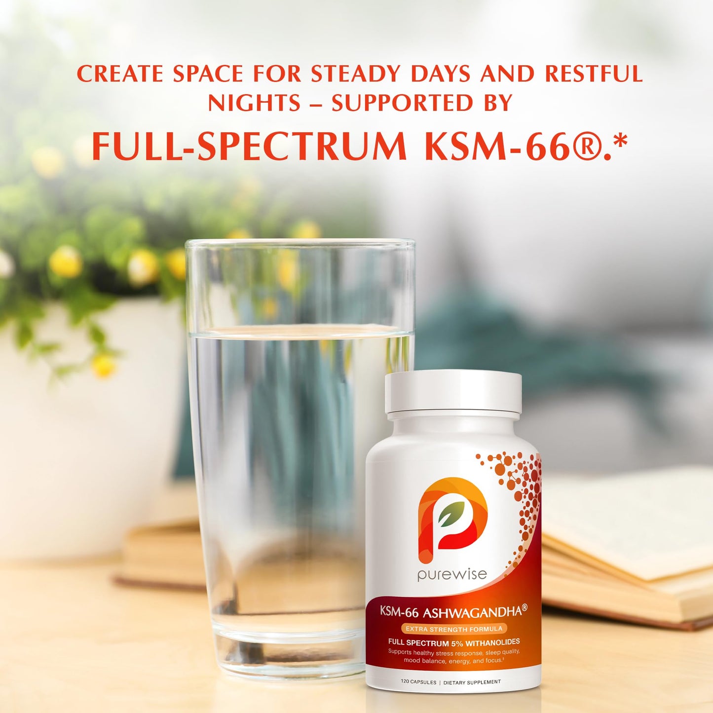PureWise KSM-66 Ashwagandha 600mg Extra Strength Formula - Stress Relief Supplement for Sleep Support & Mood Support - Organic Full Spectrum 5% Withanolides Capsules, 120 Capsules