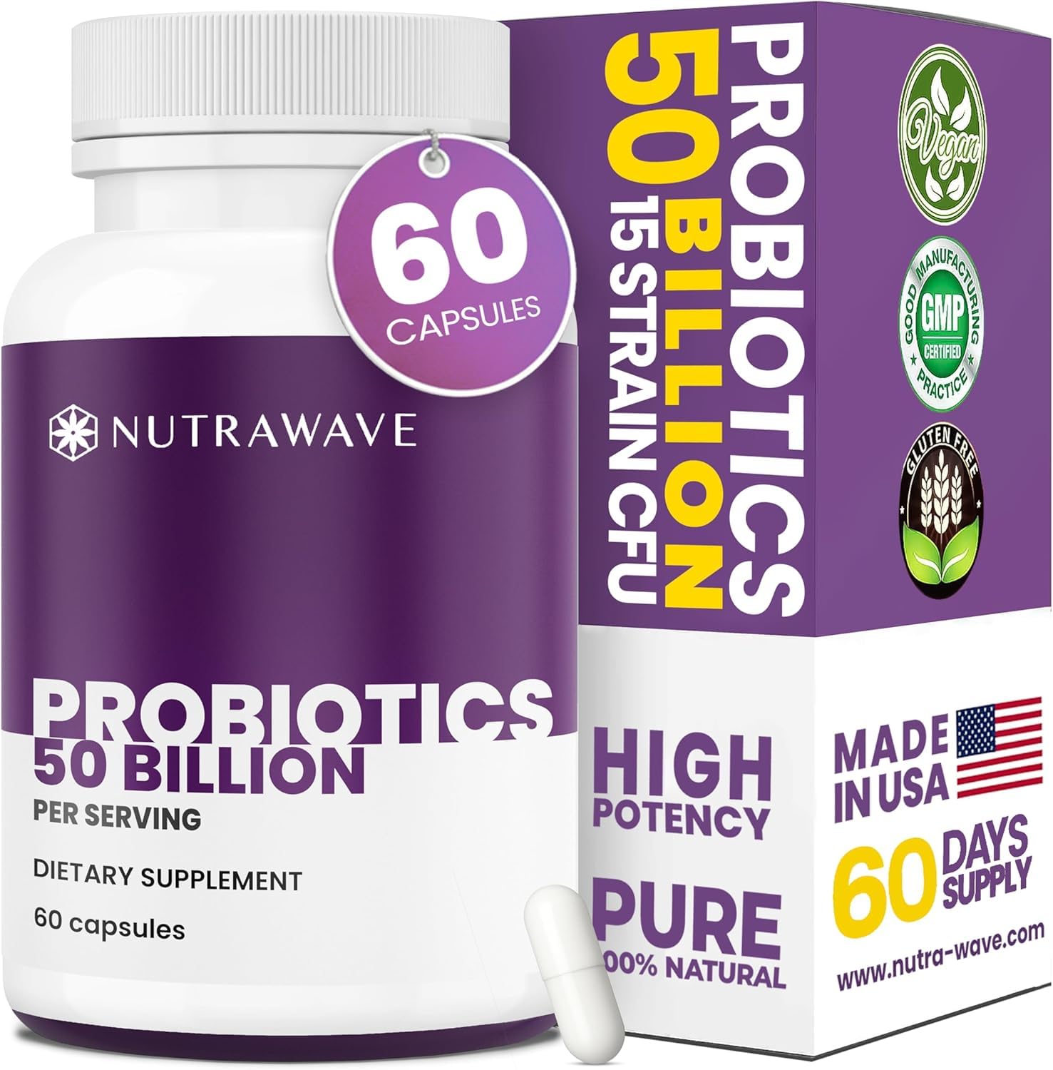 Nutra Wave 50 Billion Probiotics & Prebiotics for Women & Men – 15 Strains Active Culture – Supports Bloating, Constipation, Digestive & Gut Health – 60 Capsules