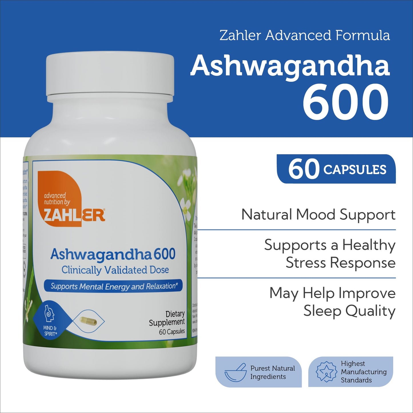 Zahler Ashwagandha Capsules, KSM-66 600mg, Relaxation and Stress Support, Kosher, 60 Capsules