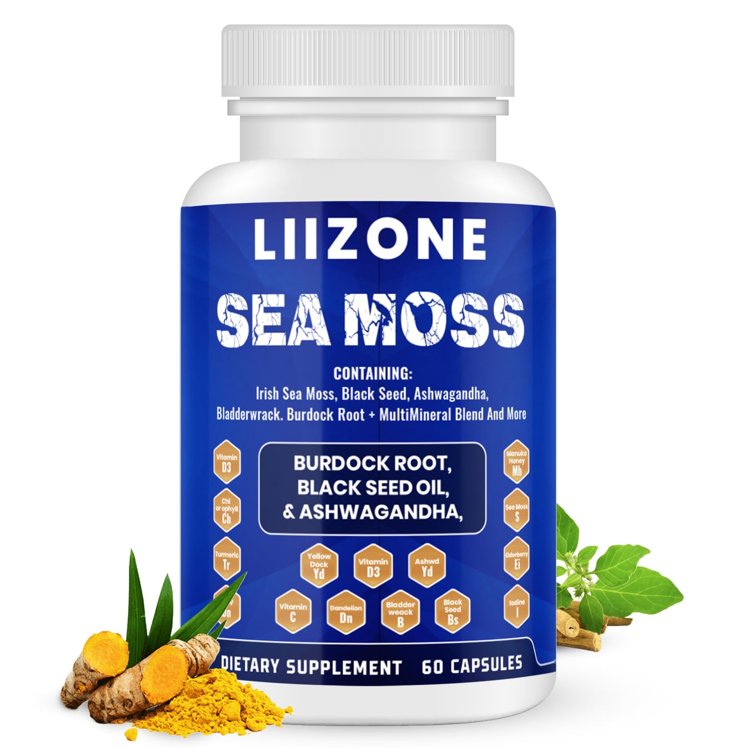 LIIZONE Complex Sea Moss Capsules with Ashwagandha, Turmeric & Vitamin C and Black Seed Oil Capsules for Immune Support, Joint & Gut Health, 60 Count Capsules