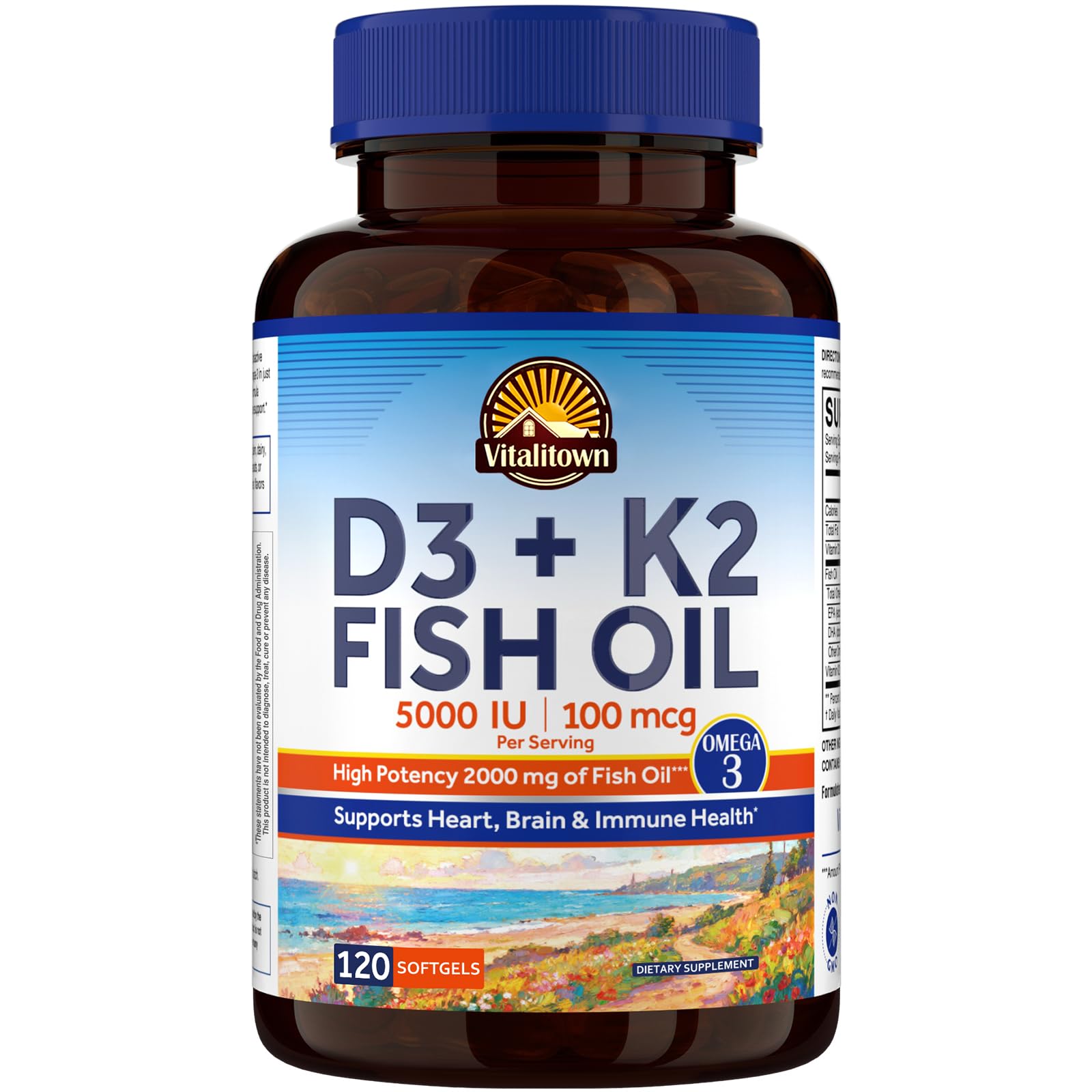 Vitalitown Vitamin D3 K2 with Fish Oil Omega-3 Softgels 120 Softgels
