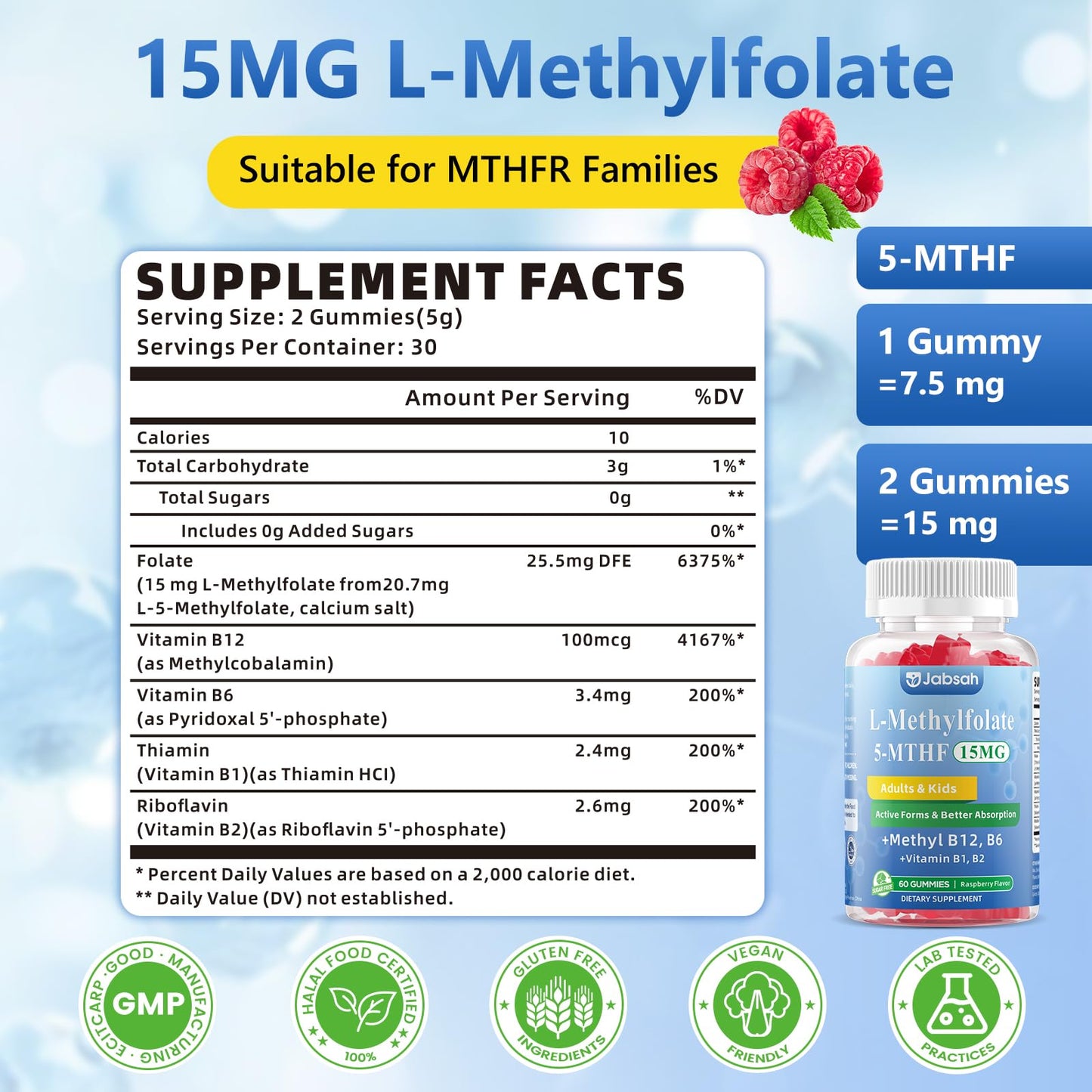 Jabsah L-MethylFolate 15mg + Methyl B12 Gummies, 60 Count
