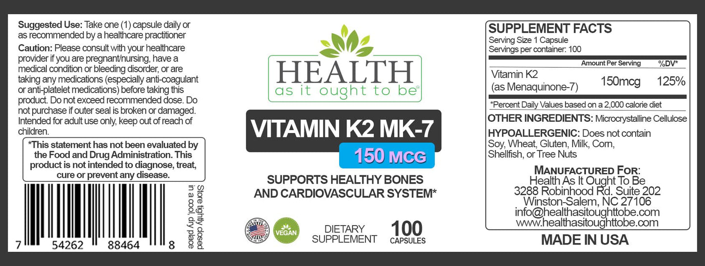 Health As It Ought To Be Vitamin K2 MK-7 150 mcg Supplement – Supports Bone and Cardiovascular Health – Soy-Free, Works with Vitamin D3 Capsule, 100 Count