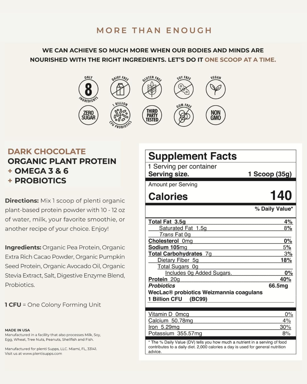 plenti Organic Plant-Based Protein Powder Dark Chocolate, 32 Servings