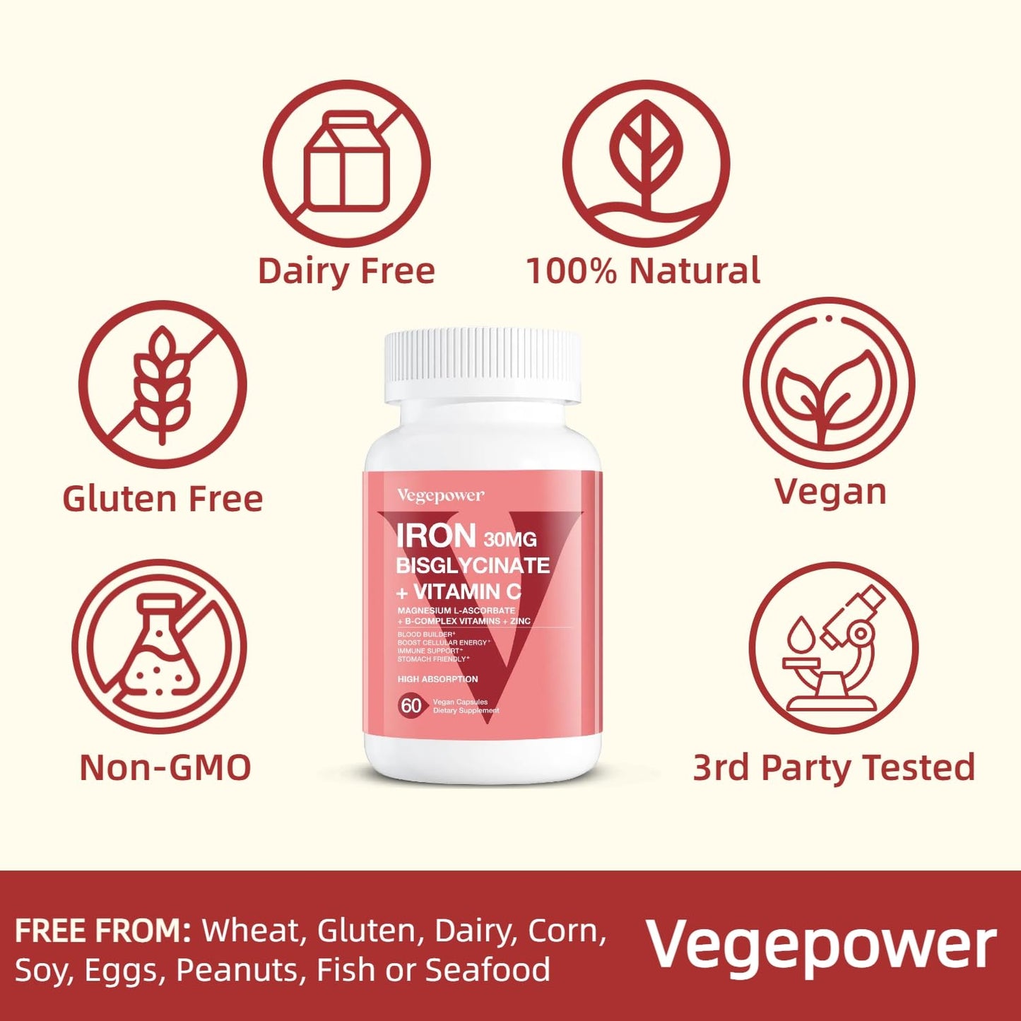VEGEPOWER Iron Bisglycinate Capsules, 60 Capsules