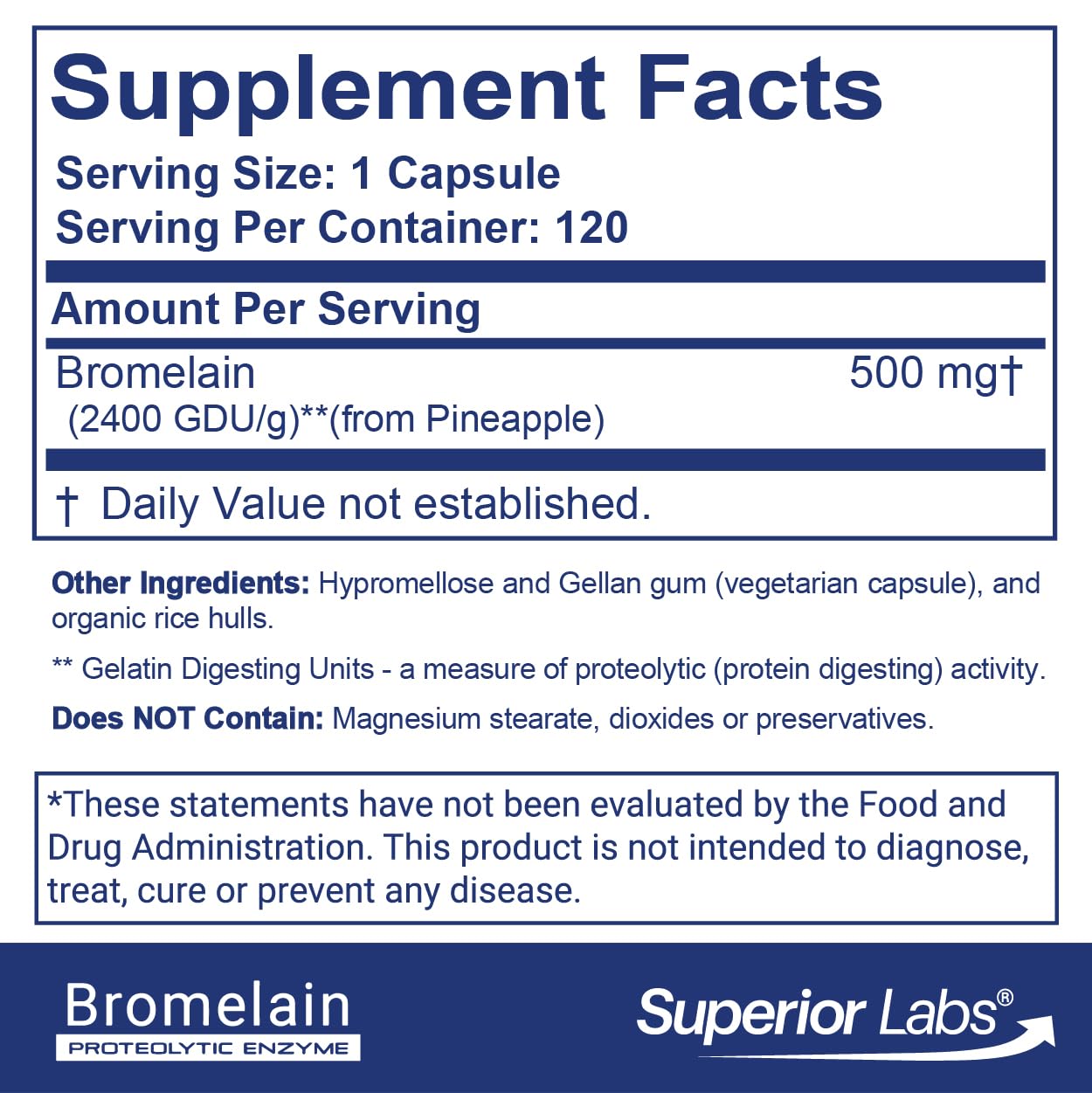 Superior Labs Bromelain 500mg – 2400 GDU/Gram Non-GMO Pineapple Enzyme, Plant-Based Digestive Support, Promotes Joint Comfort & Tissue Health, 120 Veg Caps
