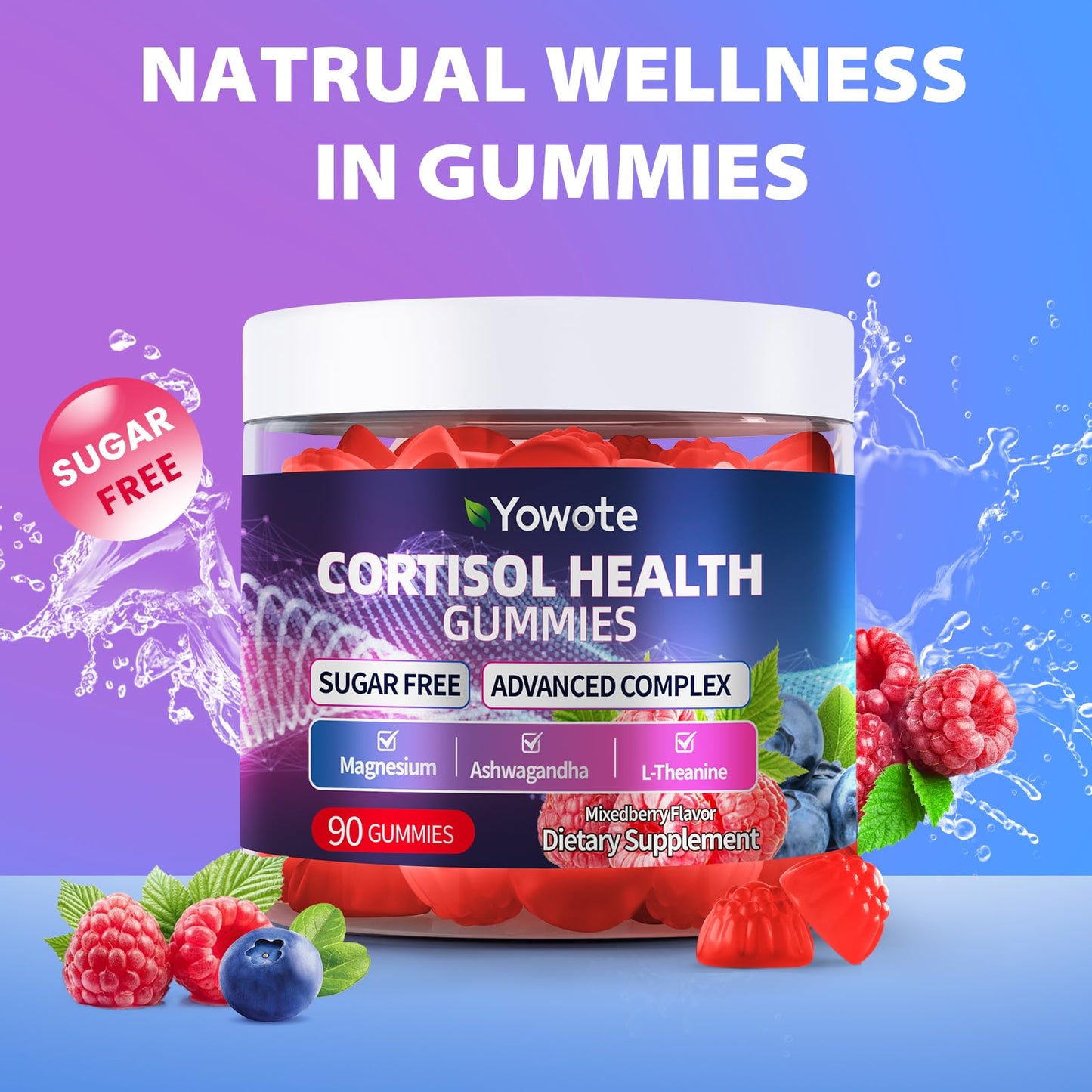 YOWOTE Cortisol Support Gummies for Men and Women with Magnesium, Ashwagandha, L-Theanine, Phosphatidylserine, 90 Count