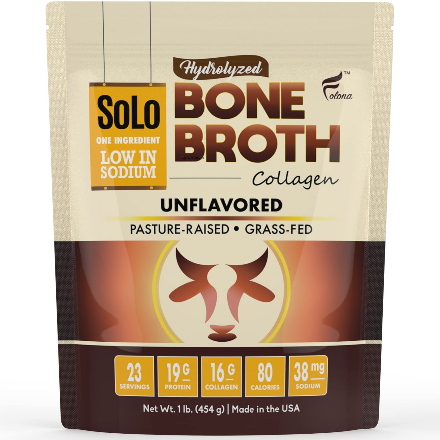 FOLONA Solo Bone Broth Protein Collagen Powder Low Sodium 16 g Hydrolyzed Collagen Type I & III