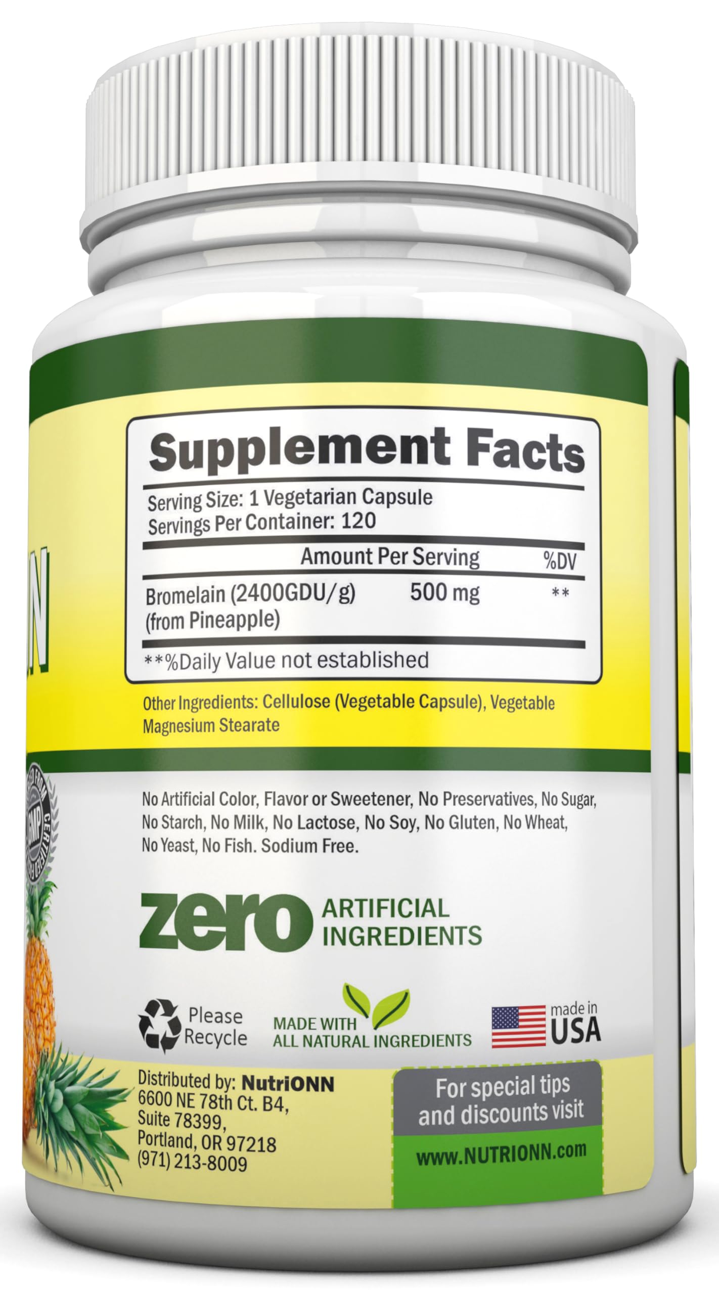 NutriONN Bromelain - 500mg - 2400 GDU Capsule, 120 Count