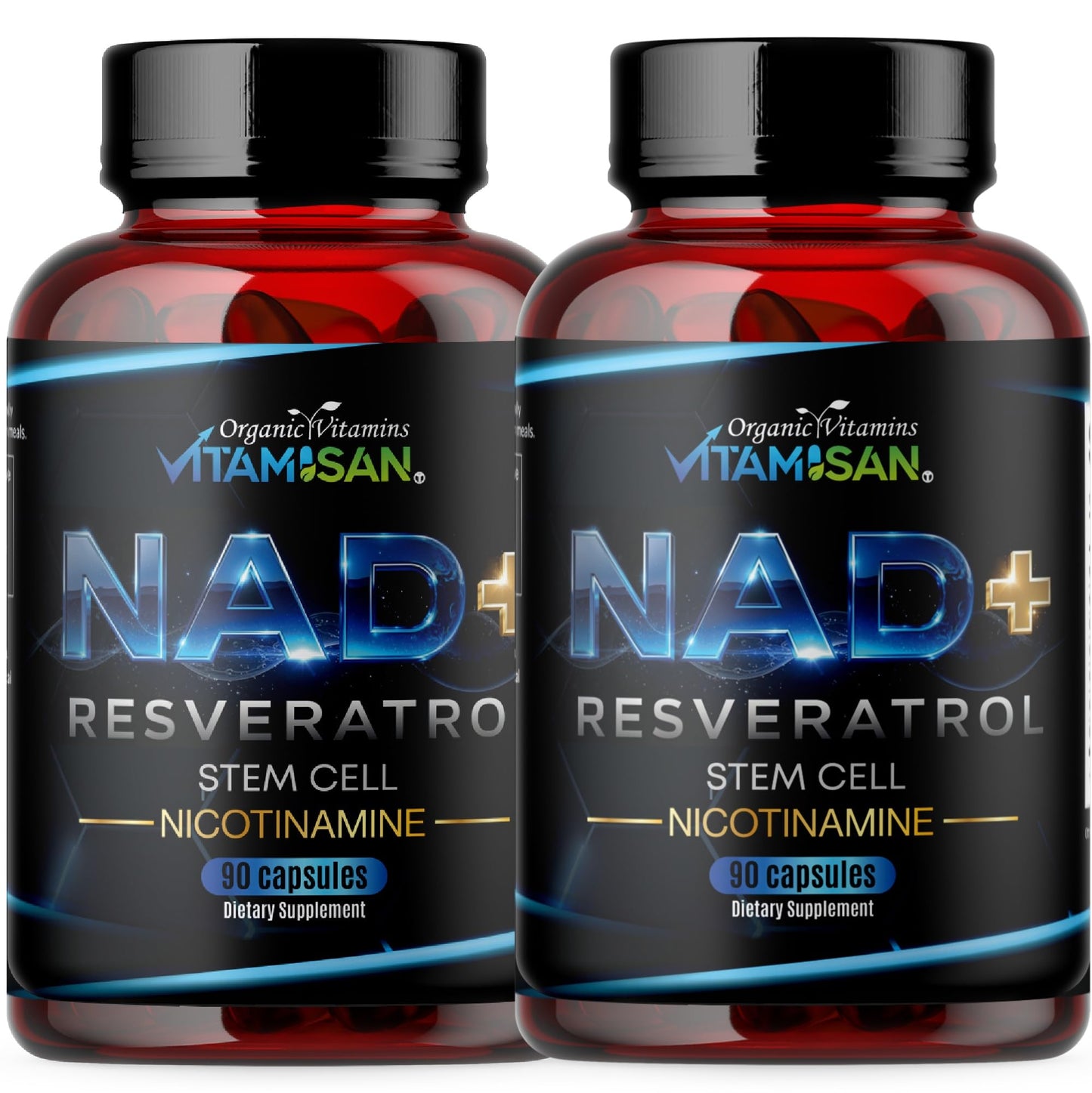 VITAMISAN NAD+ Resveratrol with NMN, NR & CoQ10 – Cellular Energy Support, Anti-Aging & Antioxidant Formula – Stem Cell & Nicotinamide Supplement, 90 Capsules