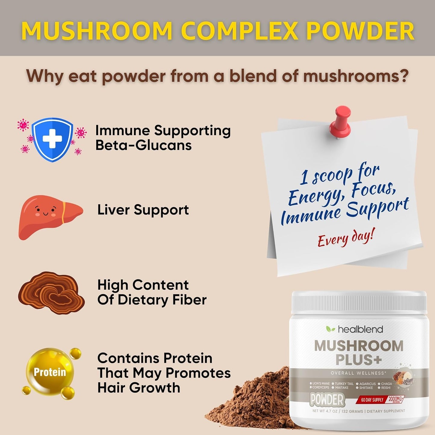 Healblend Mushrooms Extract Supplement Blend - Lions Mane, Cordyceps, Agaricus, Turkey Tail, Reishi, Chaga, Shiitake, Maitake Plus Adaptogen Complex Powder 4.66 oz
