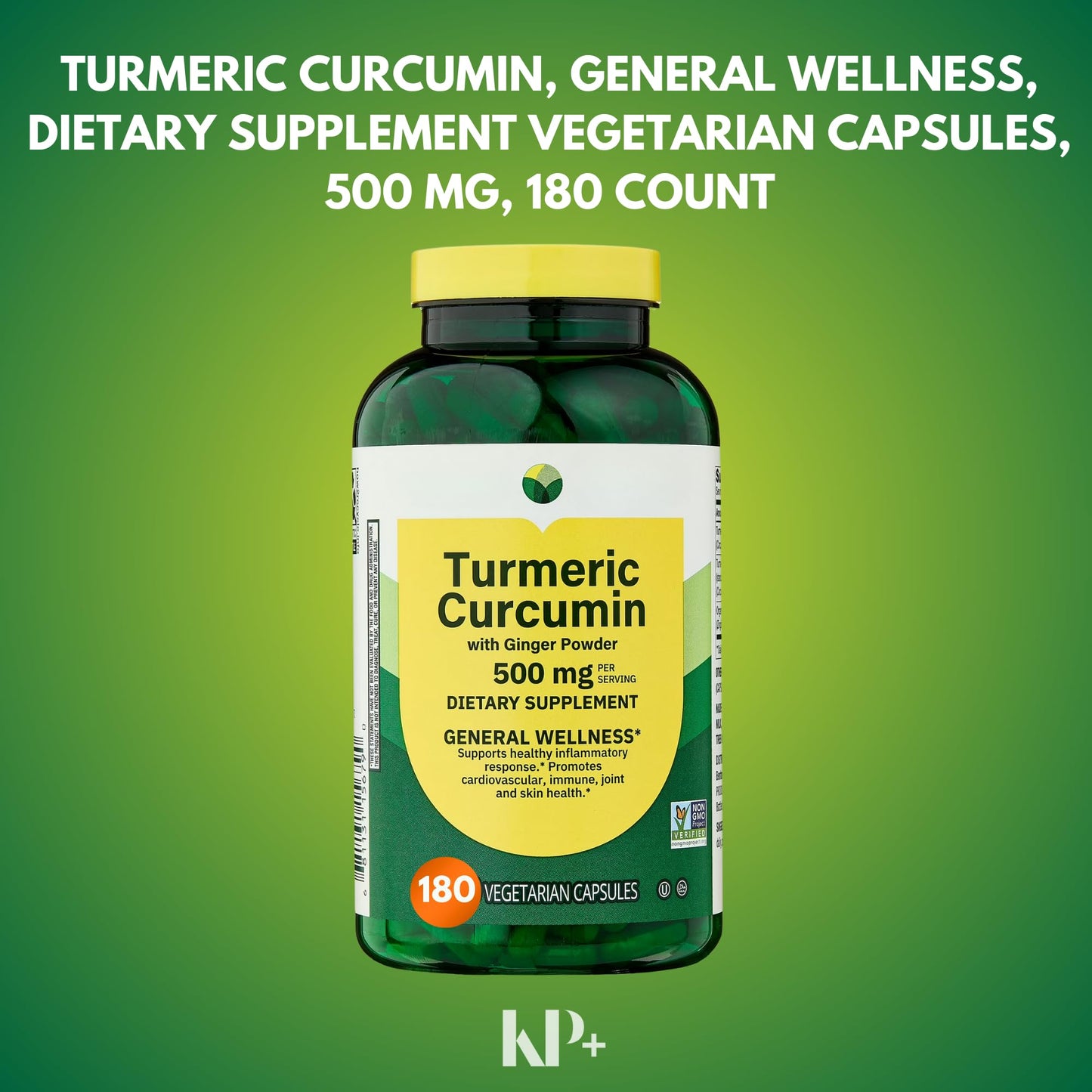 KP+ Turmeric Curcumin with Ginger Powder 500 mg Capsules 180 Count