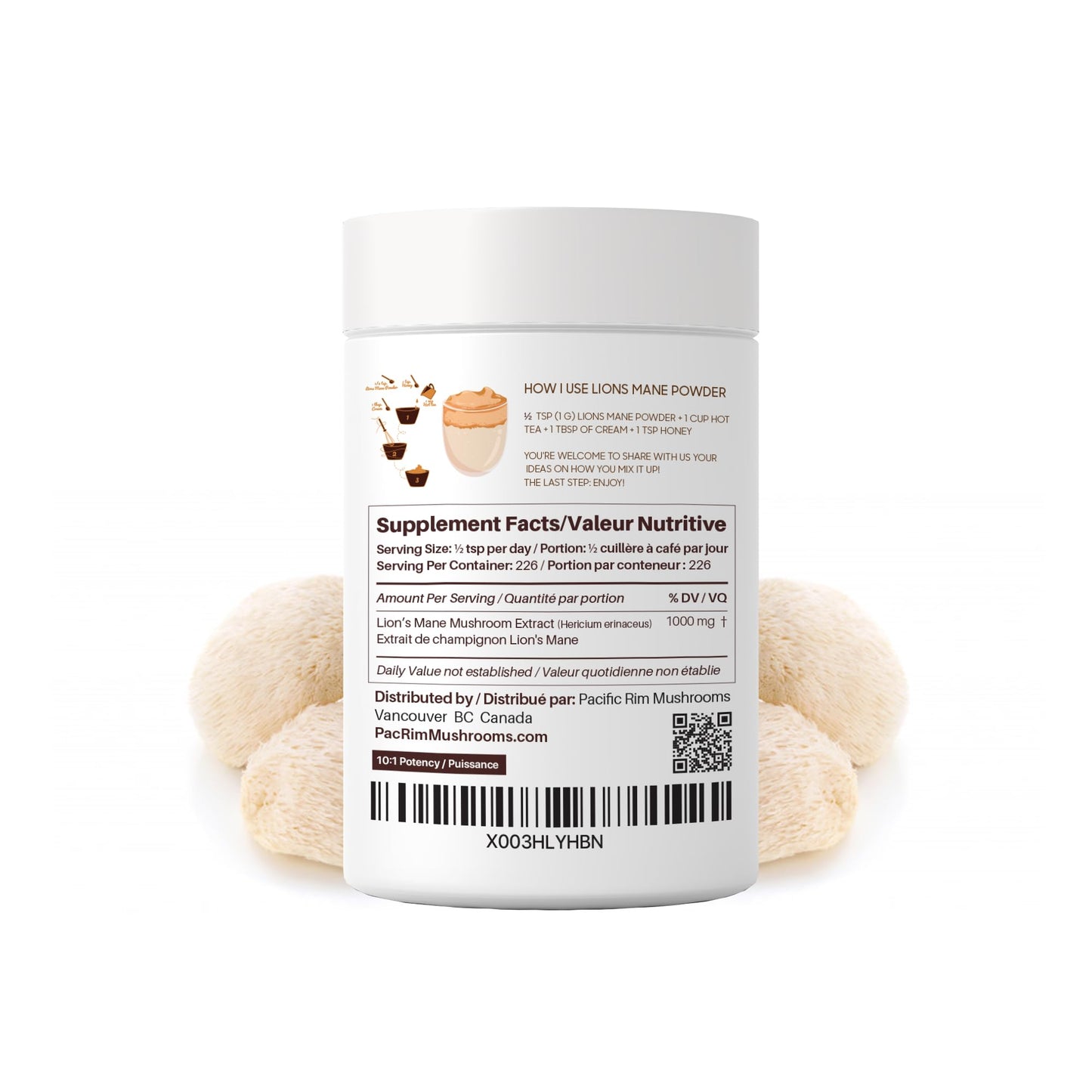 Pacific Rim Mushrooms Organic Lions Mane Mushroom Extract Powder 10:1 – Fruiting Body Mushroom Supplement Powder, 0.28 oz