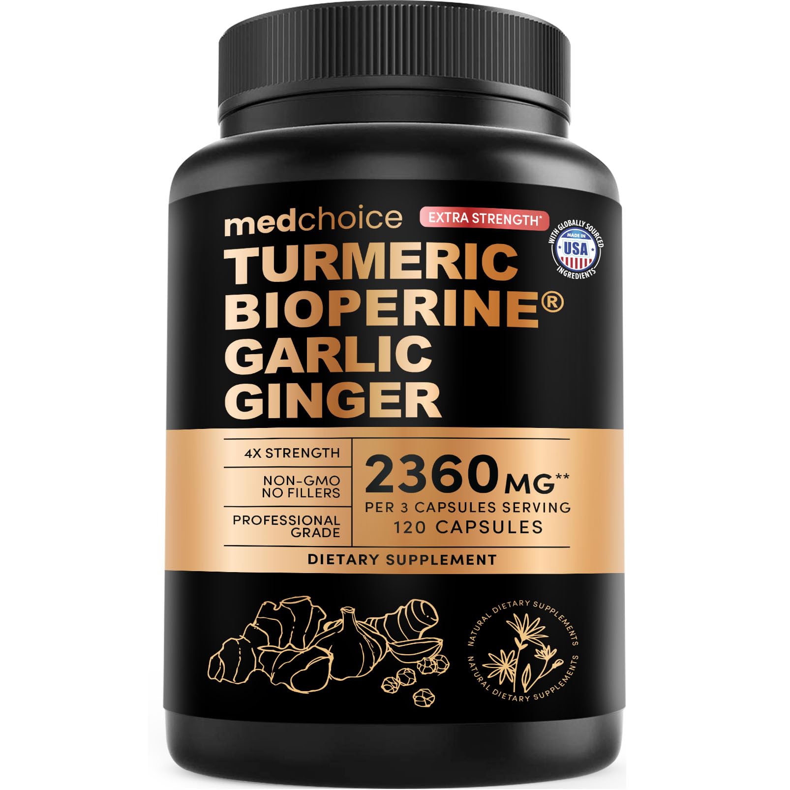 MEDCHOICE Extra Strength Turmeric Capsules, High-Absorption 2360 mg Curcumin, Non-GMO with Black Pepper, Organic, 120 Capsules