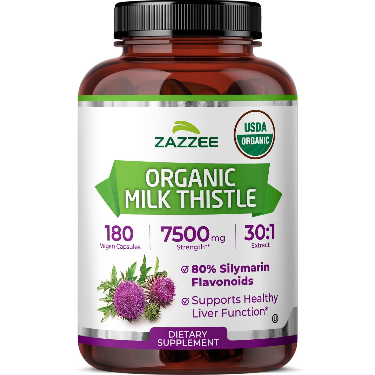 Zazzee Milk Thistle 30:1 Extract, 80% Silymarin, USDA Organic Capsules, 180 Count
