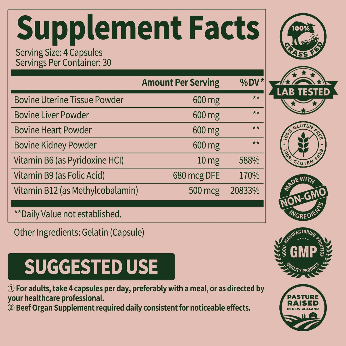 Fleamart Beef Organ Supplement for Women with Vitamin B Complex Capsules, 240 Count