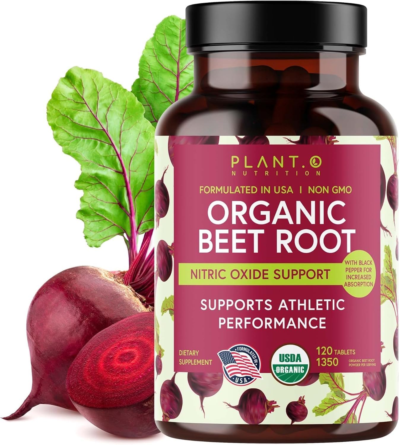 PLANT.O NUTRITION Organic Beet Root 1350mg Tablets, 120 Count