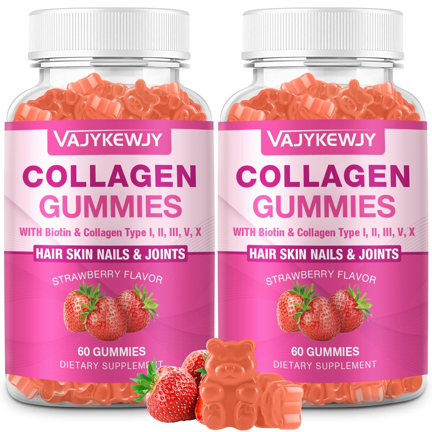 VAJYKEWJY Collagen Gummies for Women & Men with Biotin, Vitamin C & Zinc for Skin Radiance, Hair Growth, Strong Nails & Joint Support, 2-Pack