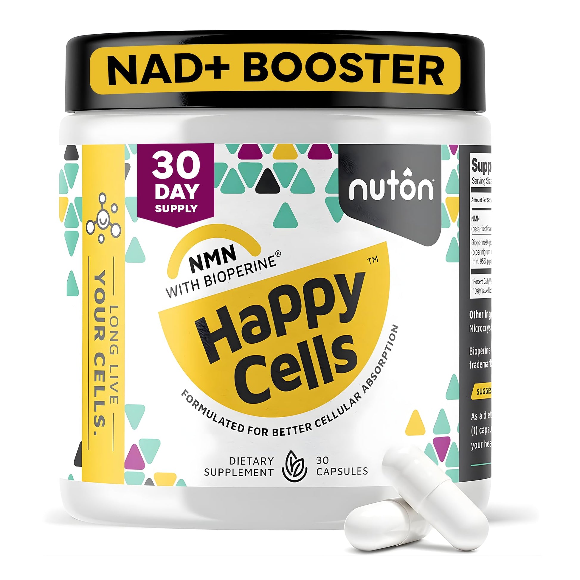 Nuton Happy Cells NMN Supplement with Bioperine for Healthy Aging & Cellular Repair - NAD+ Supplement - Protects DNA, Promotes Skin Health & Brain Function - Vegan - Non-GMO Formula, 30 Capsules