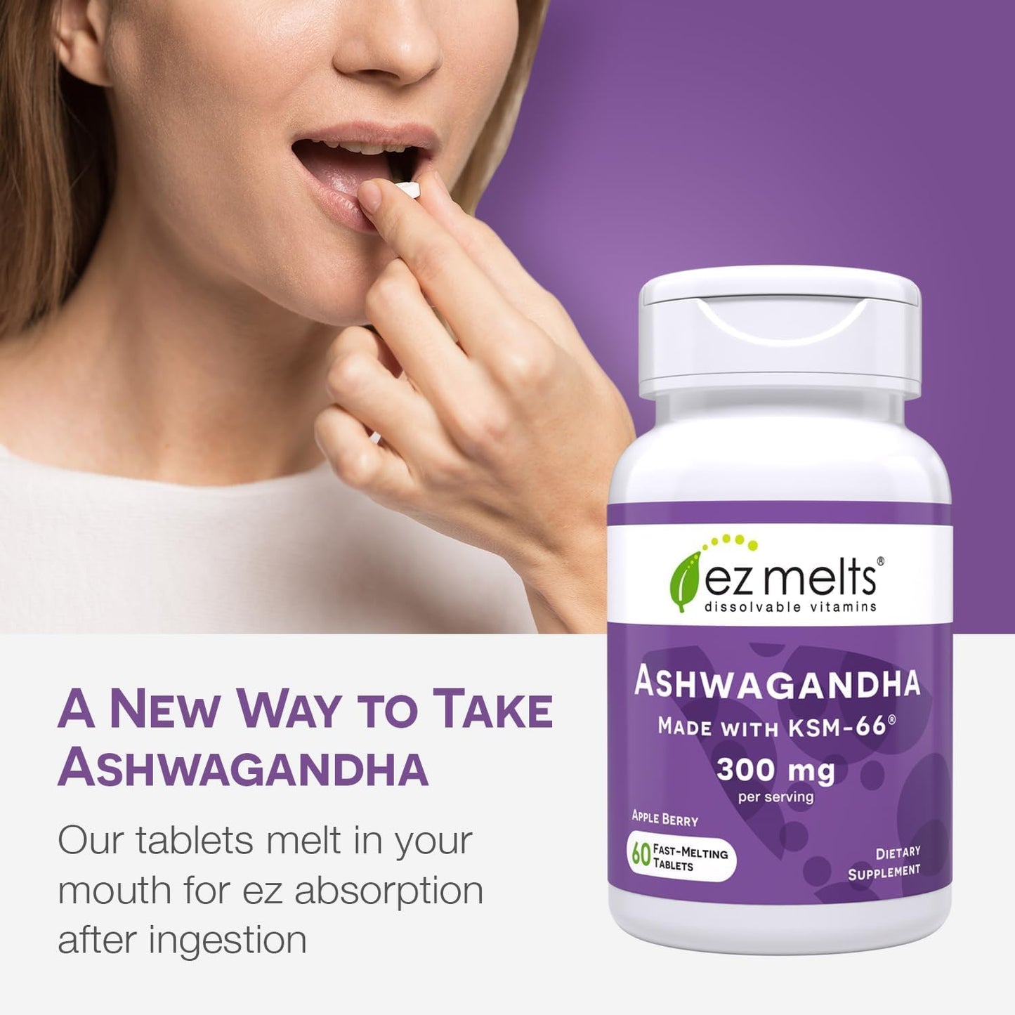 EZ Melts KSM-66 Ashwagandha Tablets, 300 mg, 60 Tablets