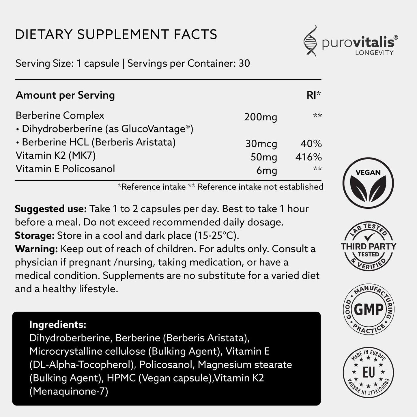 PUROVITALIS Dihydroberberine 200mg with Vitamin K2 & E High Strength Berberine Supplement Capsules 30 Count