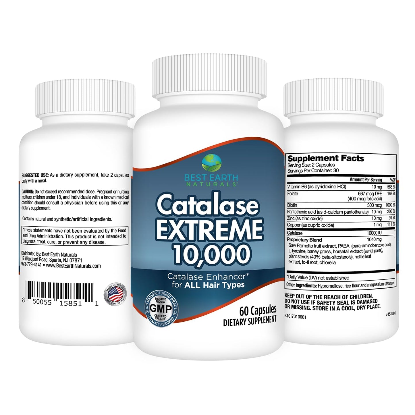Best Earth Naturals Catalase Extreme Supplement 10,000 with Saw Palmetto, Biotin, Fo-Ti, PABA - Hair Supplements for Strong Hair Capsules 180