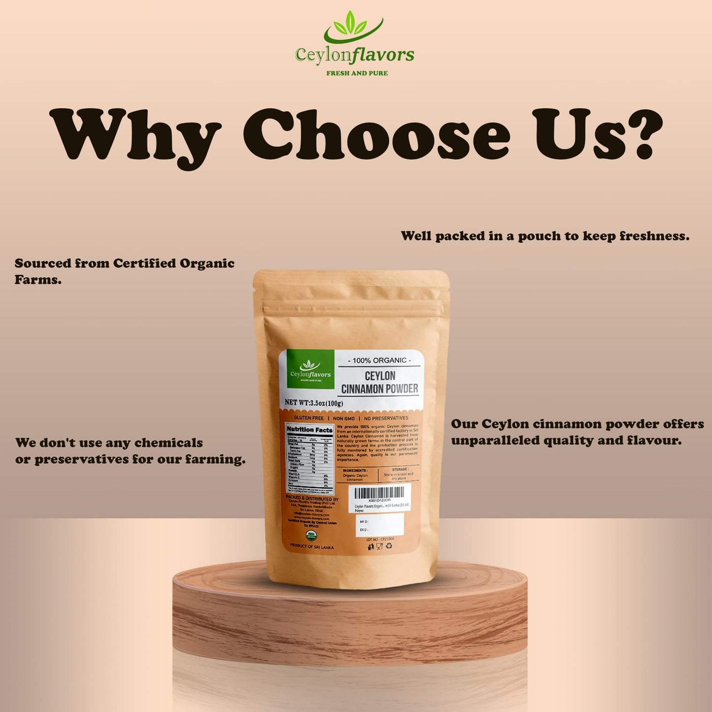 CEYLONFLAVORS FRESH AND PURE Organic Ceylon Cinnamon Powder, 3.5 oz