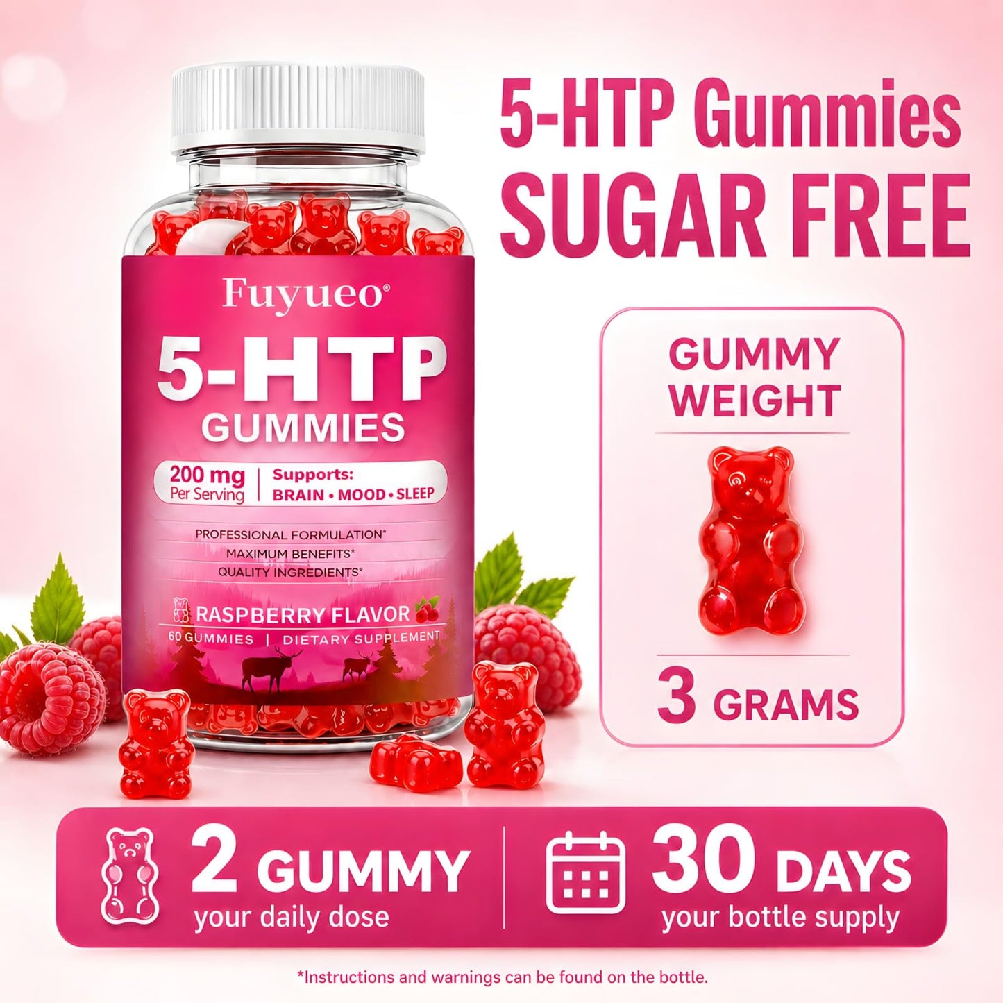 FUYUEO 5-HTP 200mg withSame & Vitamin B6, 60 Gummies