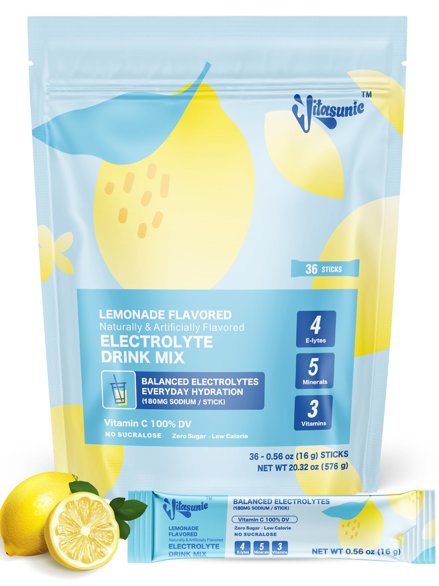 VITASUNIC Electrolyte Powder Packets, Sugar Free Lemonade, 36 Packets
