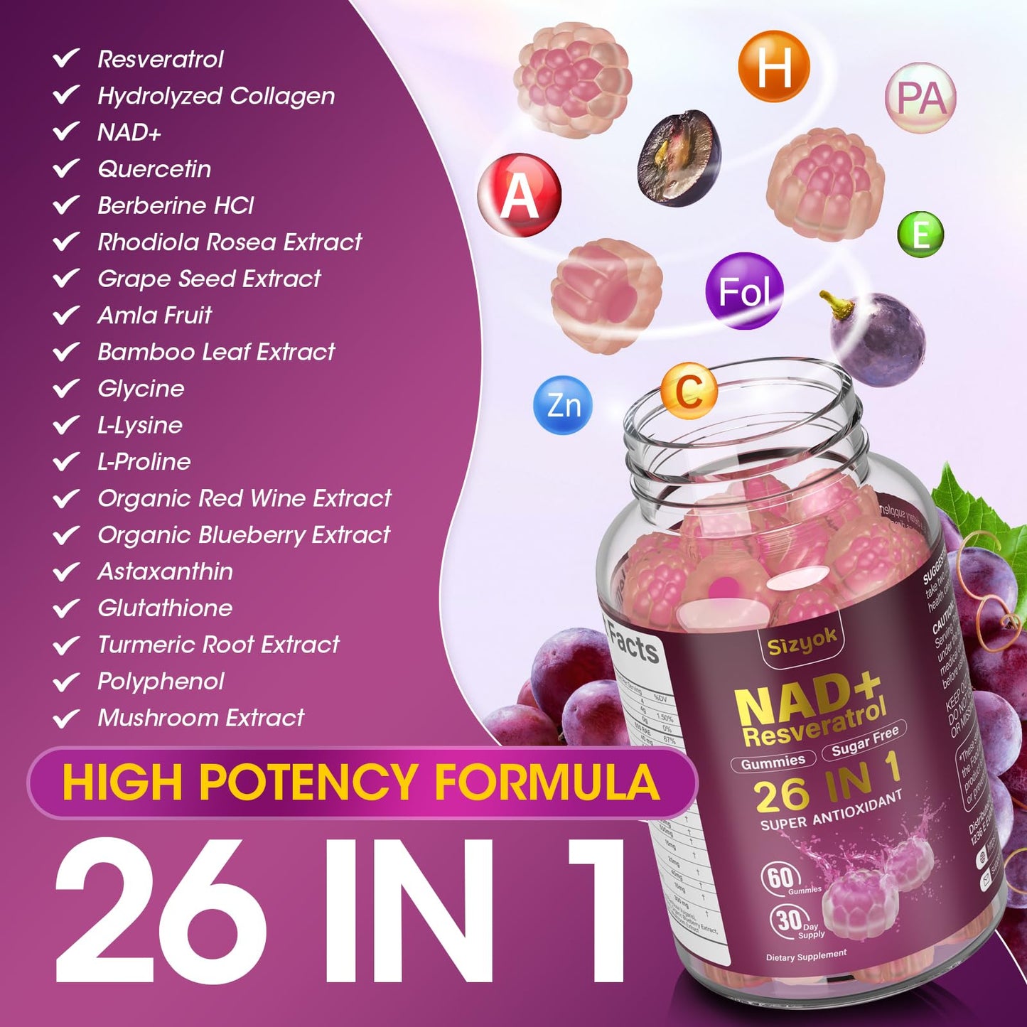 Sizyok NAD Resveratrol Gummies, 60 Gummies