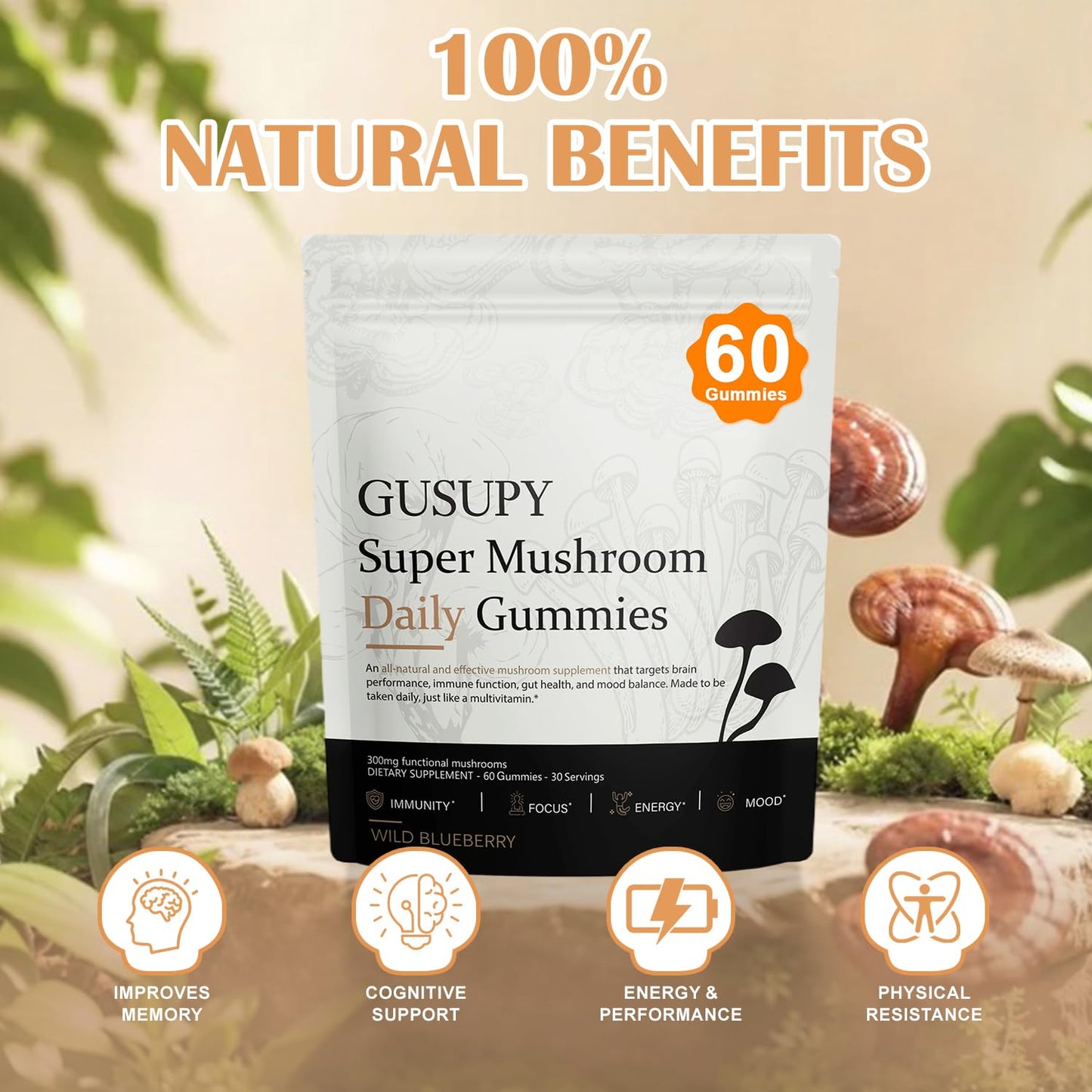 GUSUPY Lions Mane Mushroom Supplement Gummies, 60 Gummies
