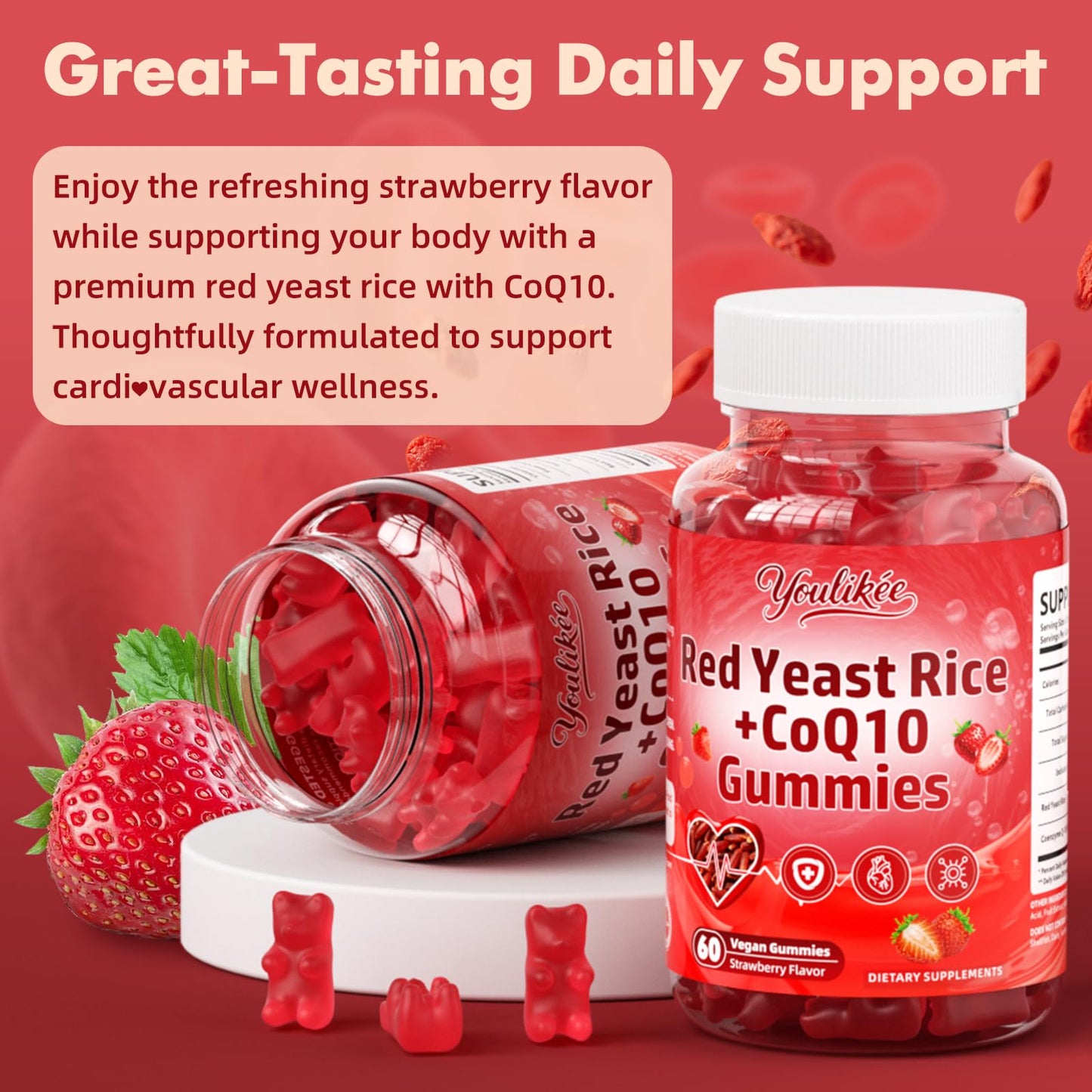 Youlikee Red Yeast Rice Gummies 1200mg with CoQ10, Red Yeast Rice Supplement, 120 Count