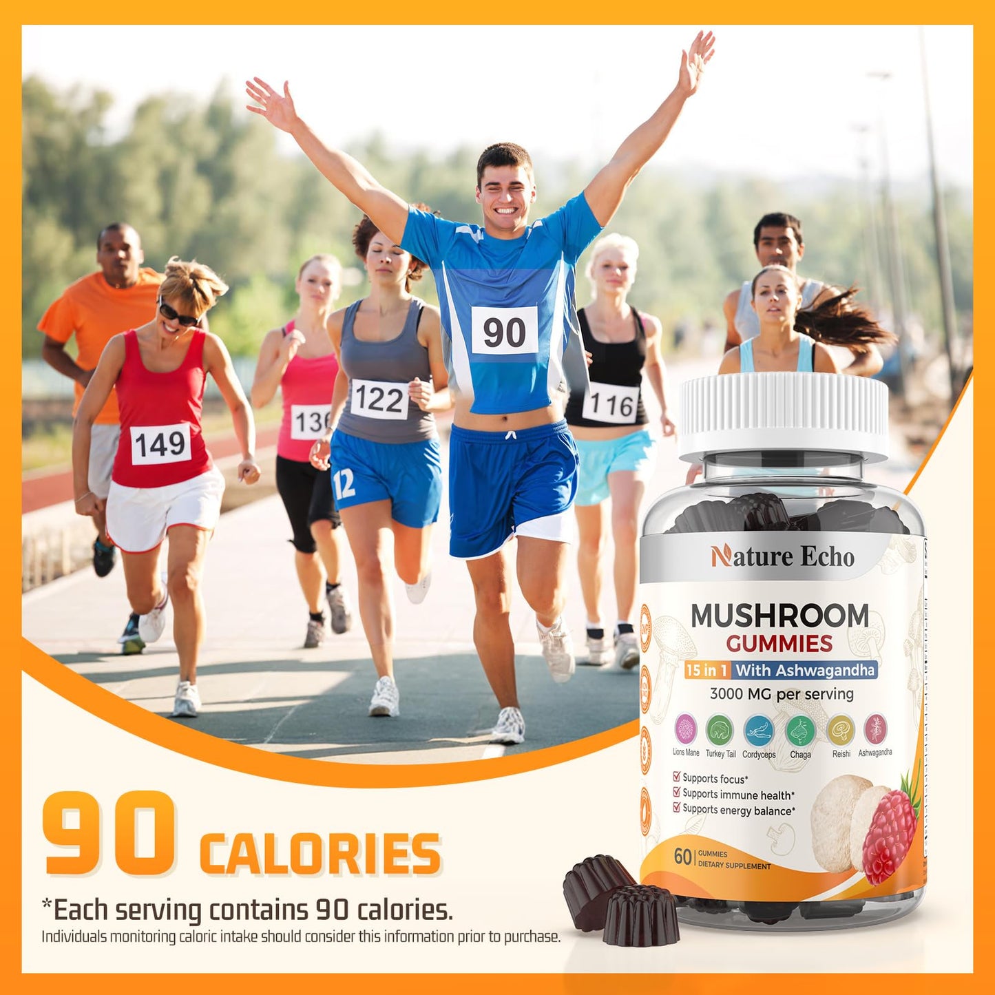 Nature Echo 15 in 1 Mushroom Complex & Ashwagandha Gummies 60 Count