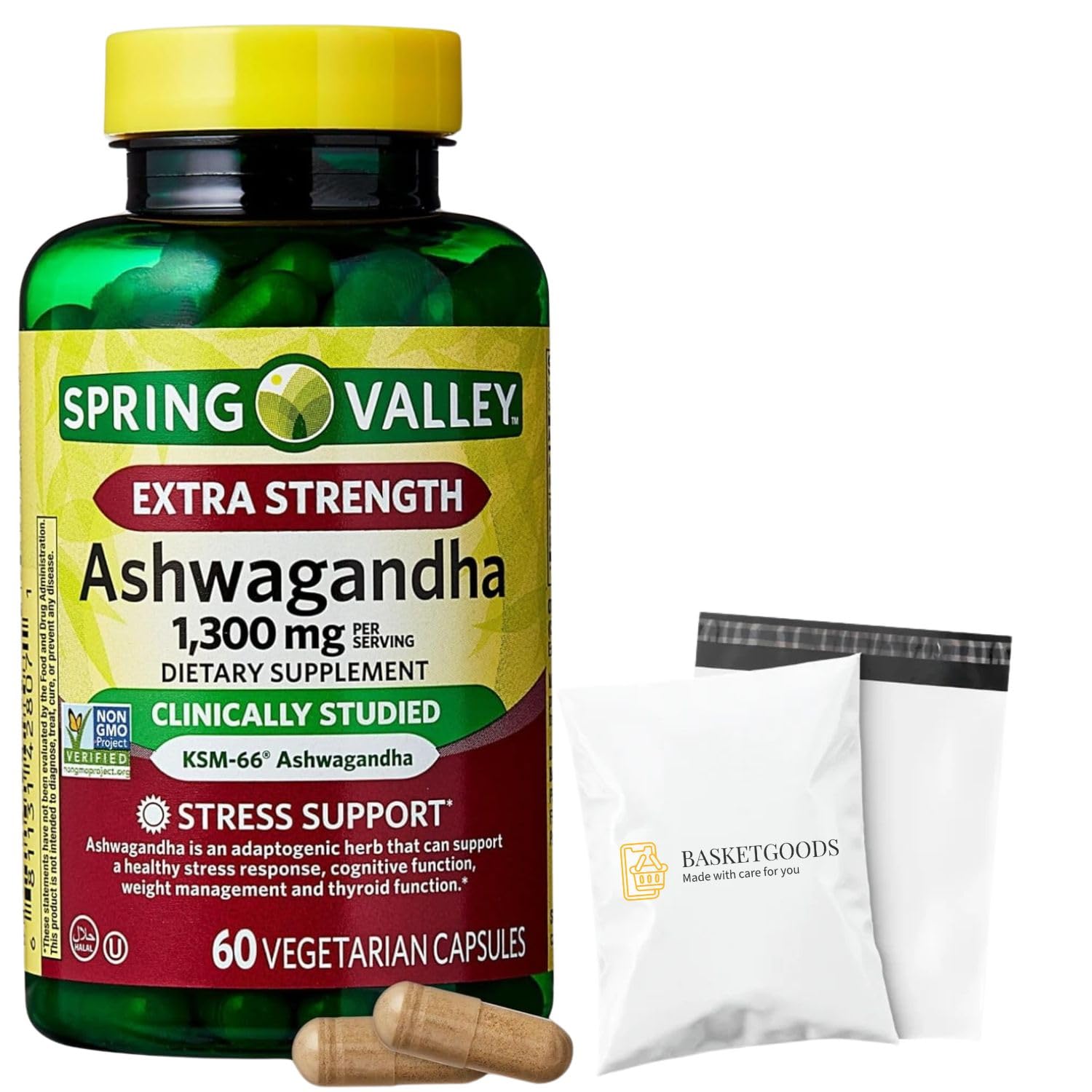 BASKETGOODS Ashwagandha KSM-66 Extra Strength 1300mg Capsules, 60 Count