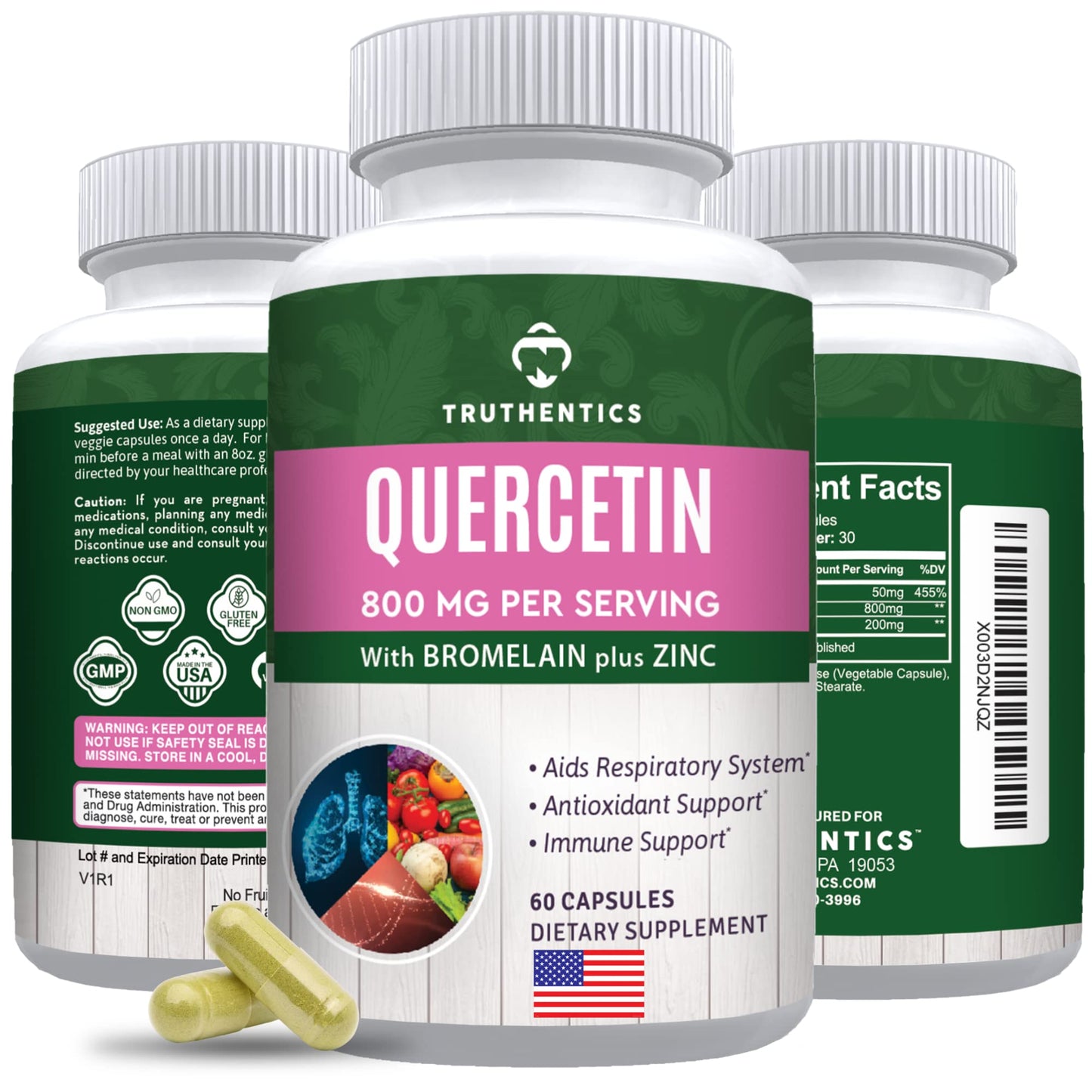 TRUTHENTICS Quercetin with Bromelain and Zinc 1050mg Capsules, 60 Count