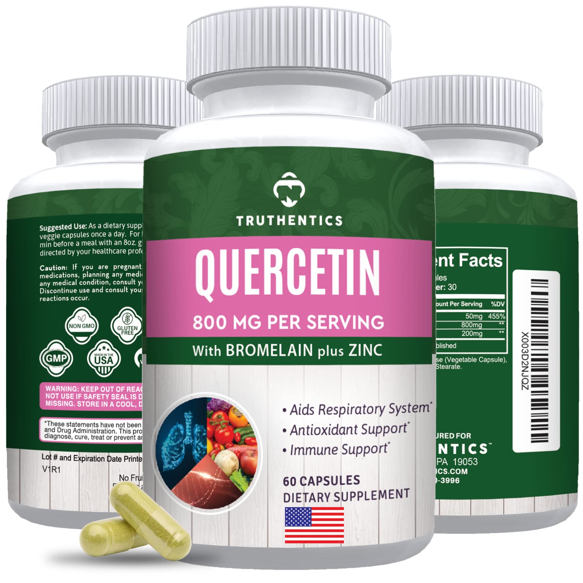 TRUTHENTICS Quercetin with Bromelain and Zinc 1050mg Capsules, 60 Count