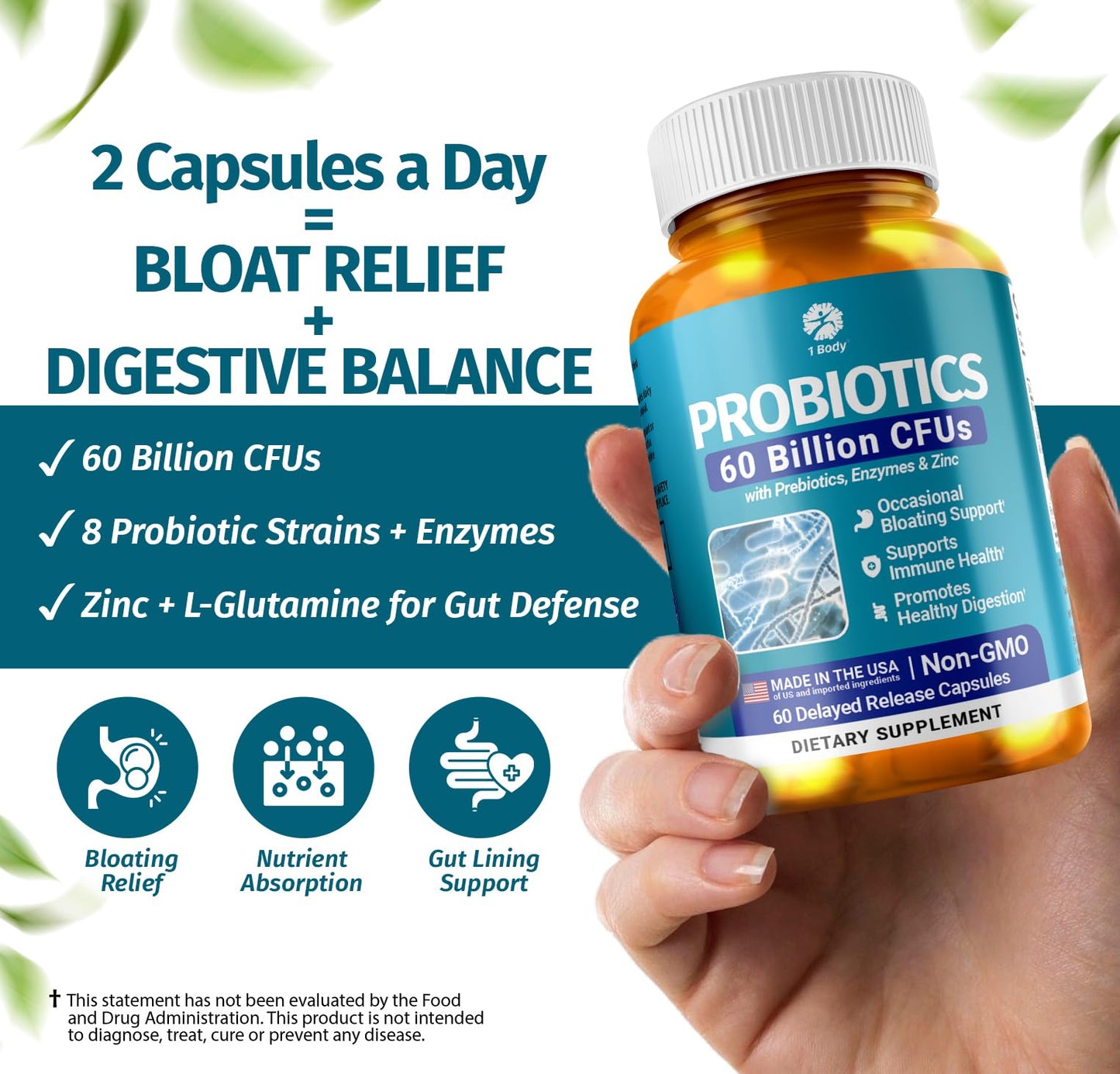 1 Body Probiotic 60 Billion with Prebiotics & Enzymes, 60 Capsules