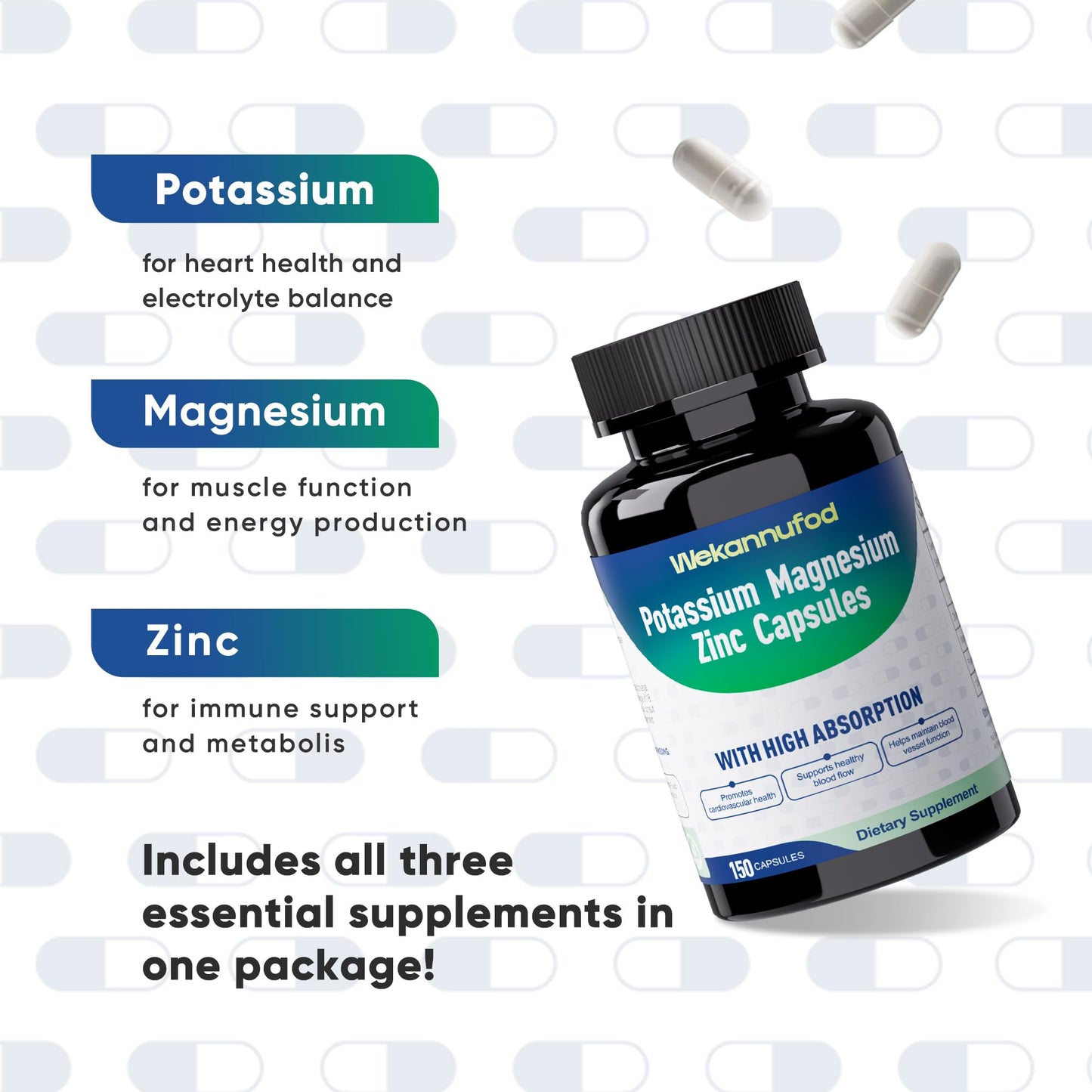 Wekannufod Potassium Magnesium Supplement 150 Capsules