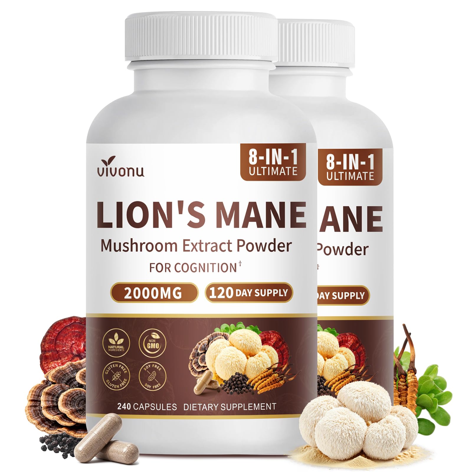 VivoNu Lions Mane Mushroom Supplement Capsules 180 Count