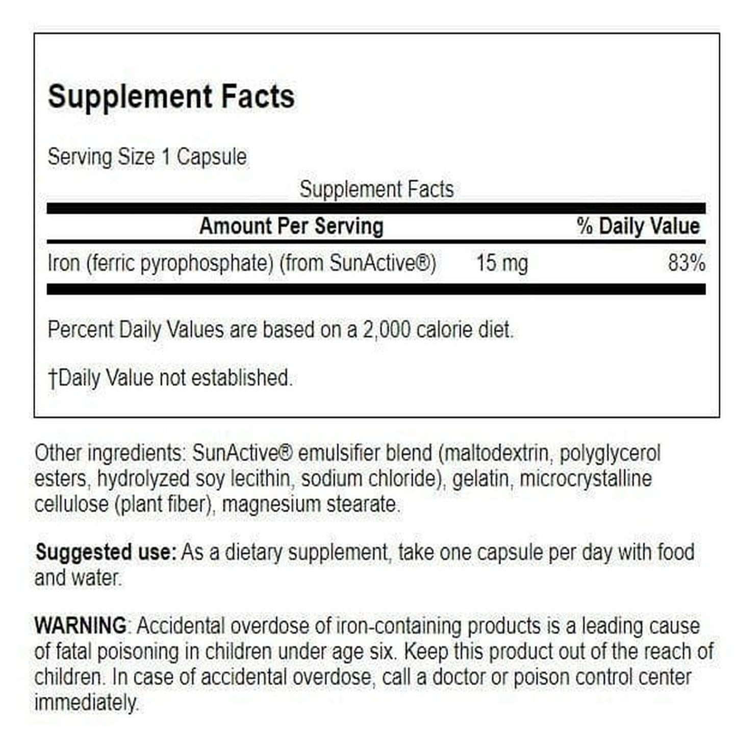 Swanson Sunactive Non-Irritating Iron 15 Milligrams Capsules 90
