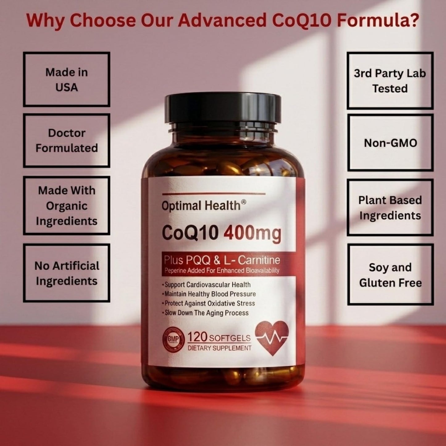Optimal Health CoQ10 400mg Softgels with BioPerine for Absorption, L-Carnitine, PQQ & Omega-3s, Antioxidant for Heart Health & Energy Production, 120 Softgels