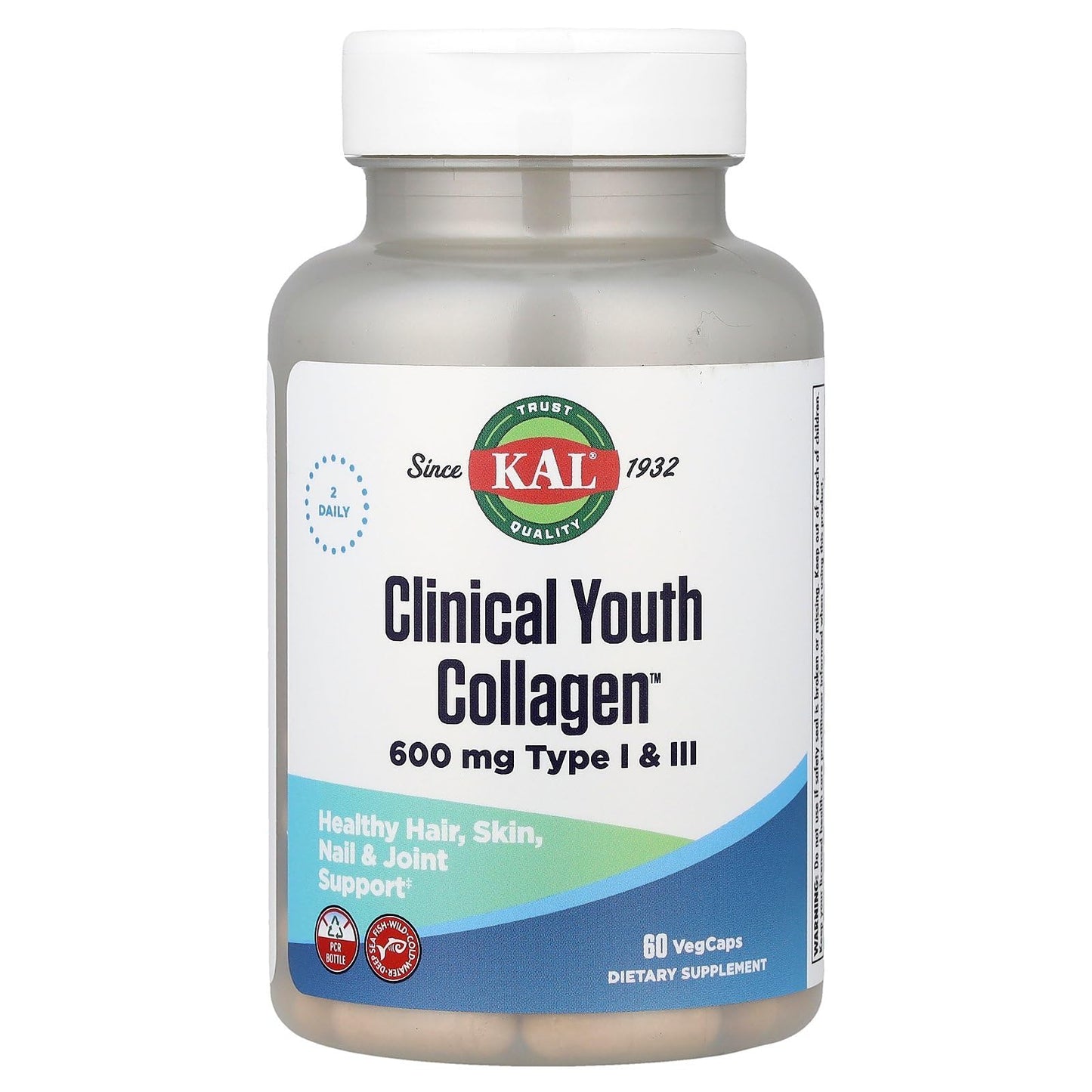 KAL 600 mg Clinical Youth Collagen Type I & III Capsules, 60 count