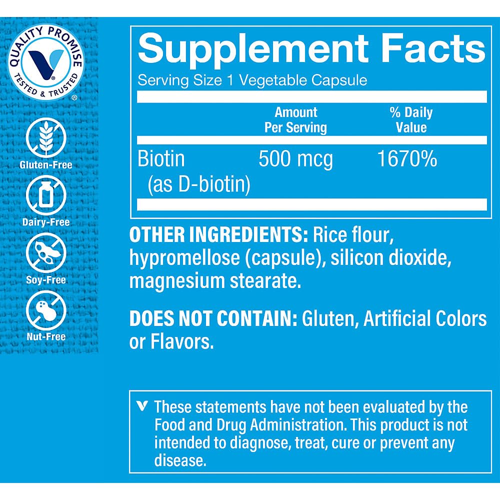 The Vitamin Shoppe Biotin 500 MCG Hair Skin Nails Vegetarian Capsules, 1 Count