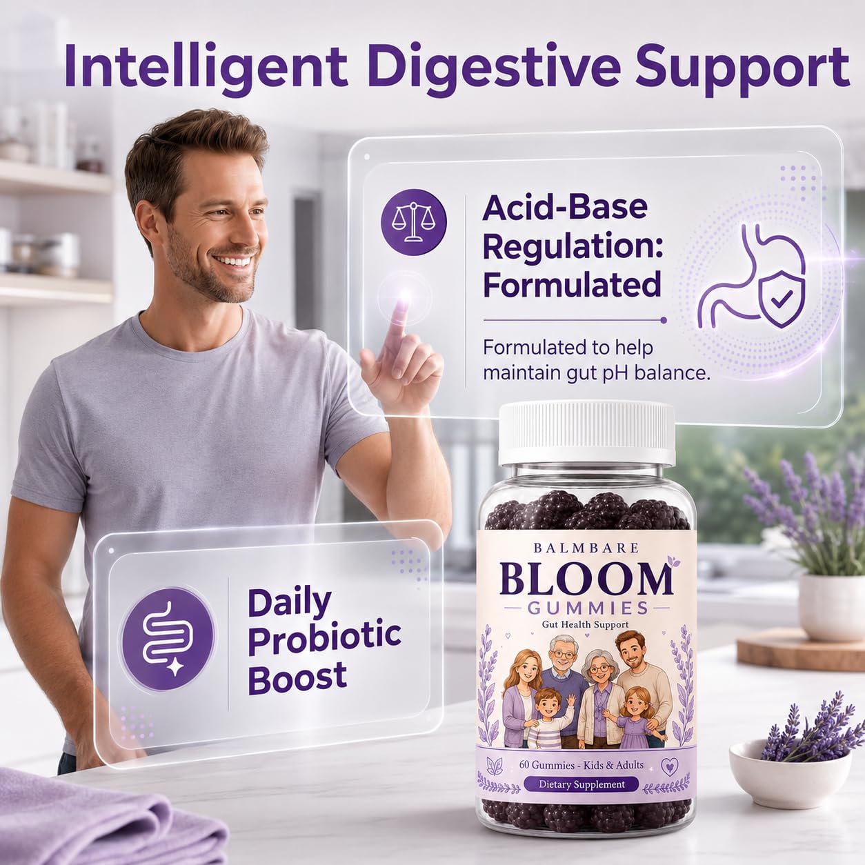 GBQMGS BALMBARE Bloom Gummies with Elderberry & Probiotics, Promote Gut Acid-Base Balance, Support Gut Health, Berry Flavor, Non-GMO, Gluten Free 60 Gummies