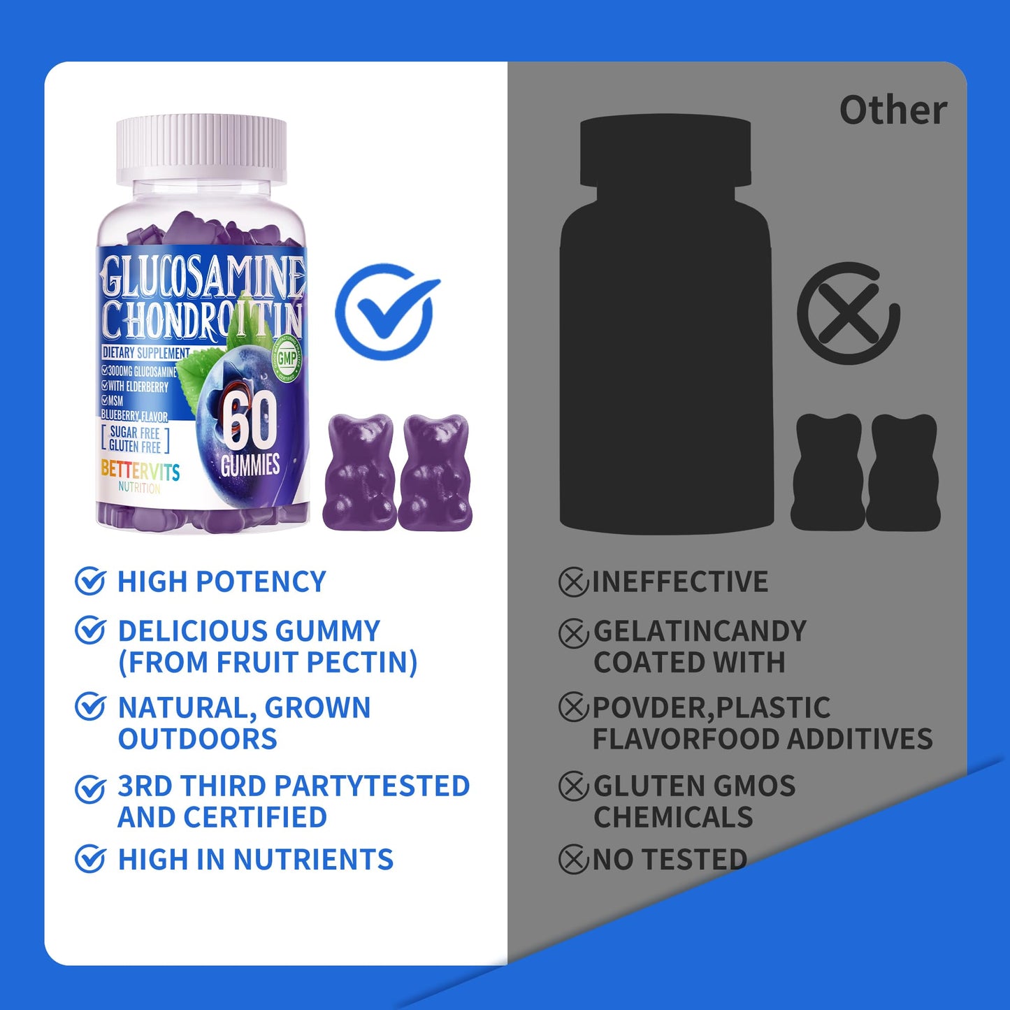 Bettervits Nutrition Glucosamine Chondroitin Gummies with MSM & Elderberry Extra Strength - Joint Support, Antioxidant Immune Support Supplement for Adults, Men & Women, 120 Gummies